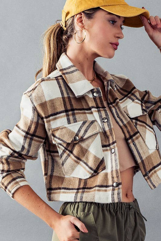 Urban Daizy BELLA SNAP BUTTON PLAID CROP JACKET Camel Jacket - Women's (UDZ-OT-00264) – alternate view 2