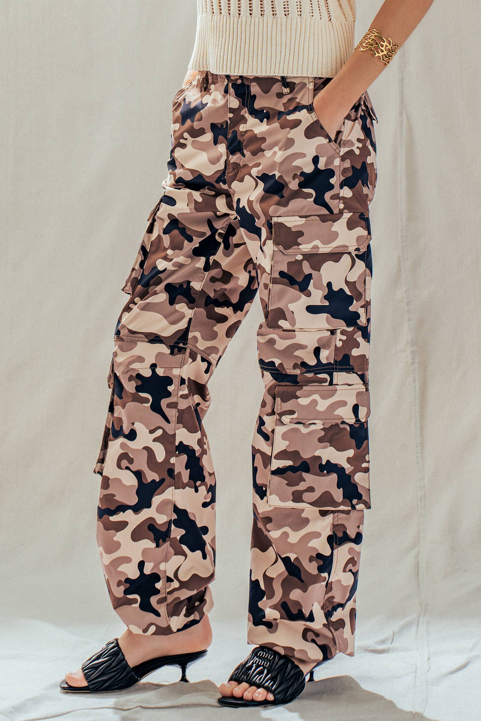 Camo Print Utility Cargo Pants with Drawstring Hem