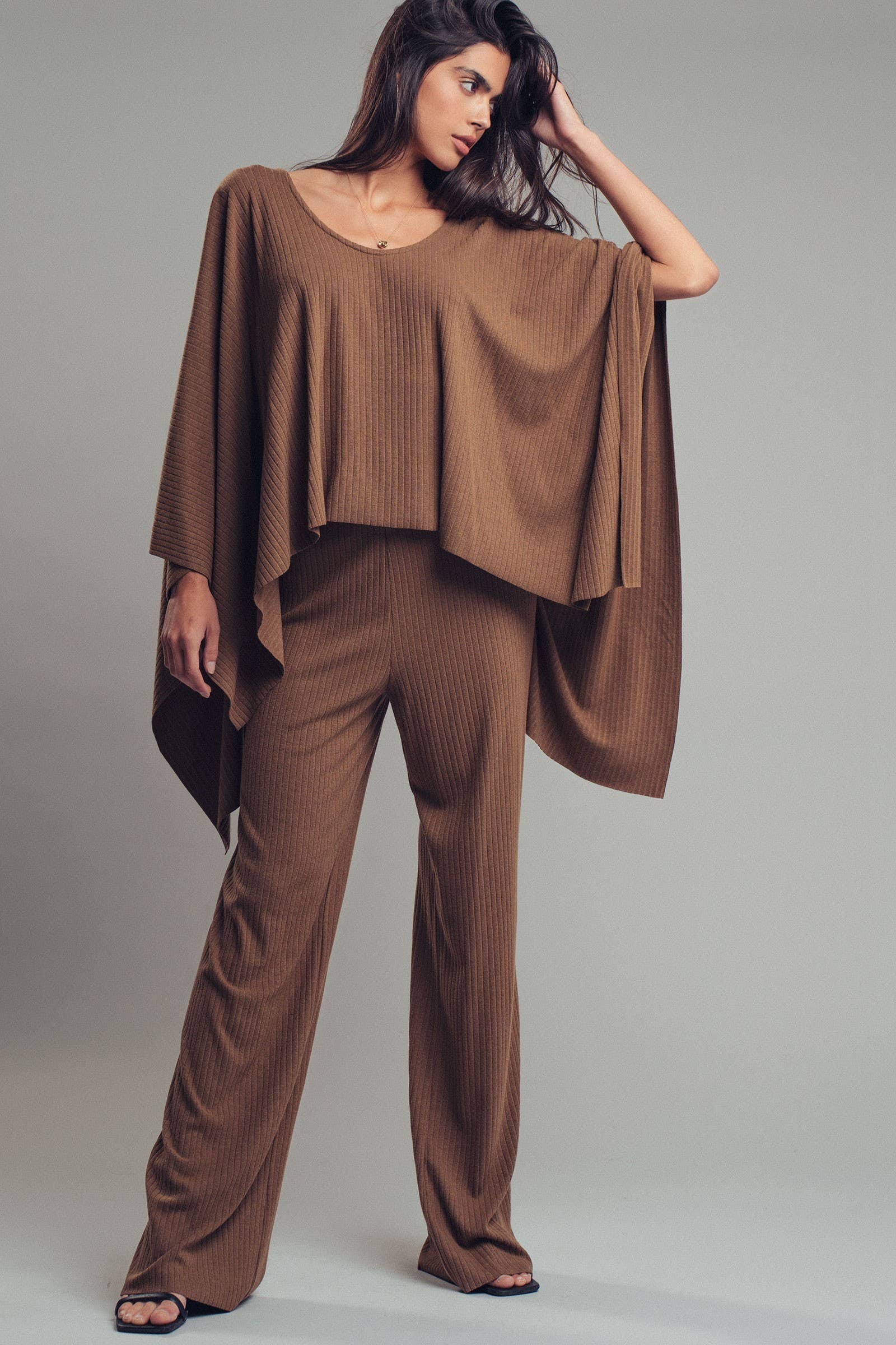 Ribbed Knit Poncho and Pants Set