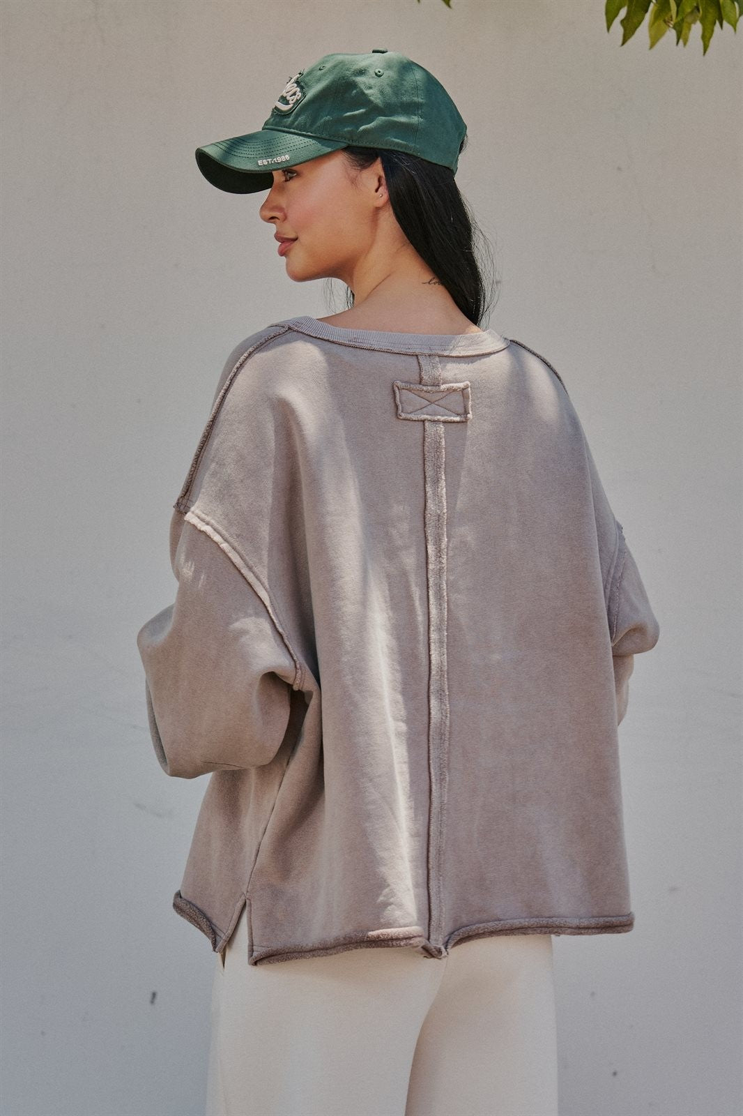 Relaxed Vintage V-Neck Oversized Sweatshirt in MOCHA MOUSSE - Women's Sweatshirts & Hoodies | Urban Daizy