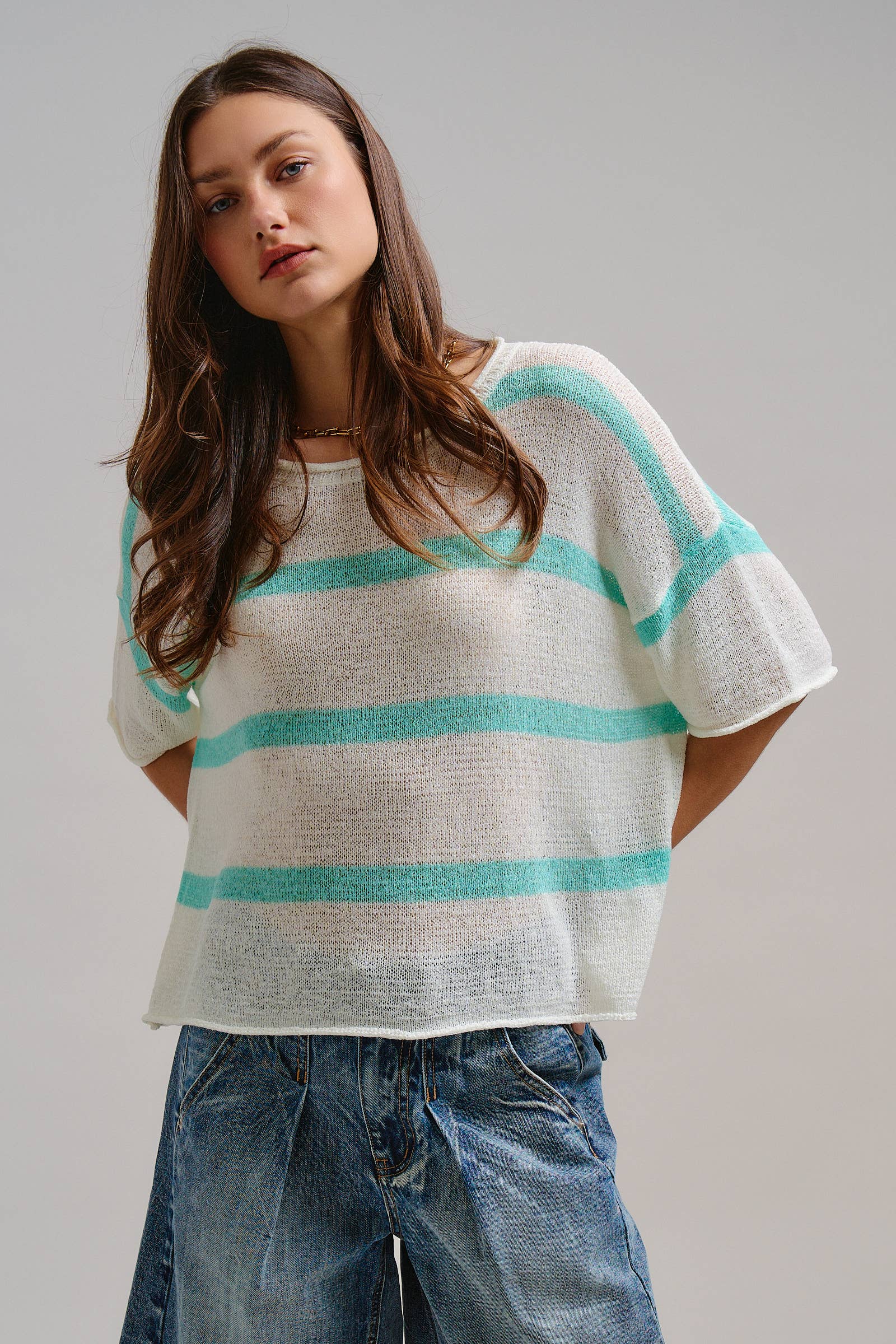Urban Daizy Striped Open Knit Boxy Sweater Tee Mint Knit Sweater - Women's (TNTP4017-Mint)