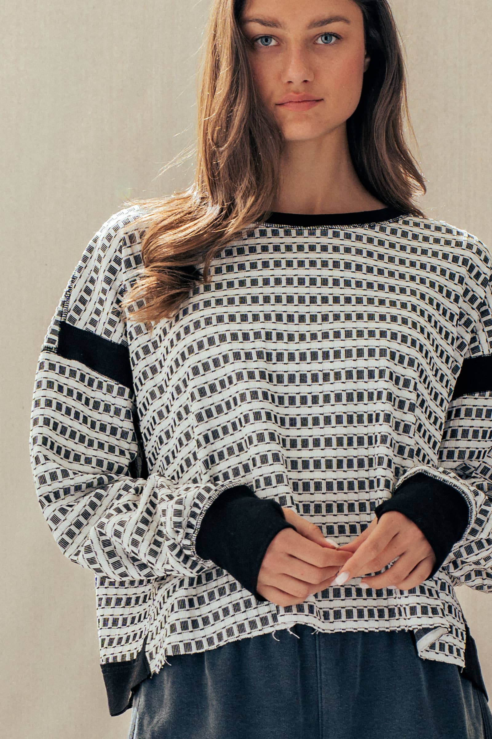 Reversible Textured Check Long Sleeve Pullover