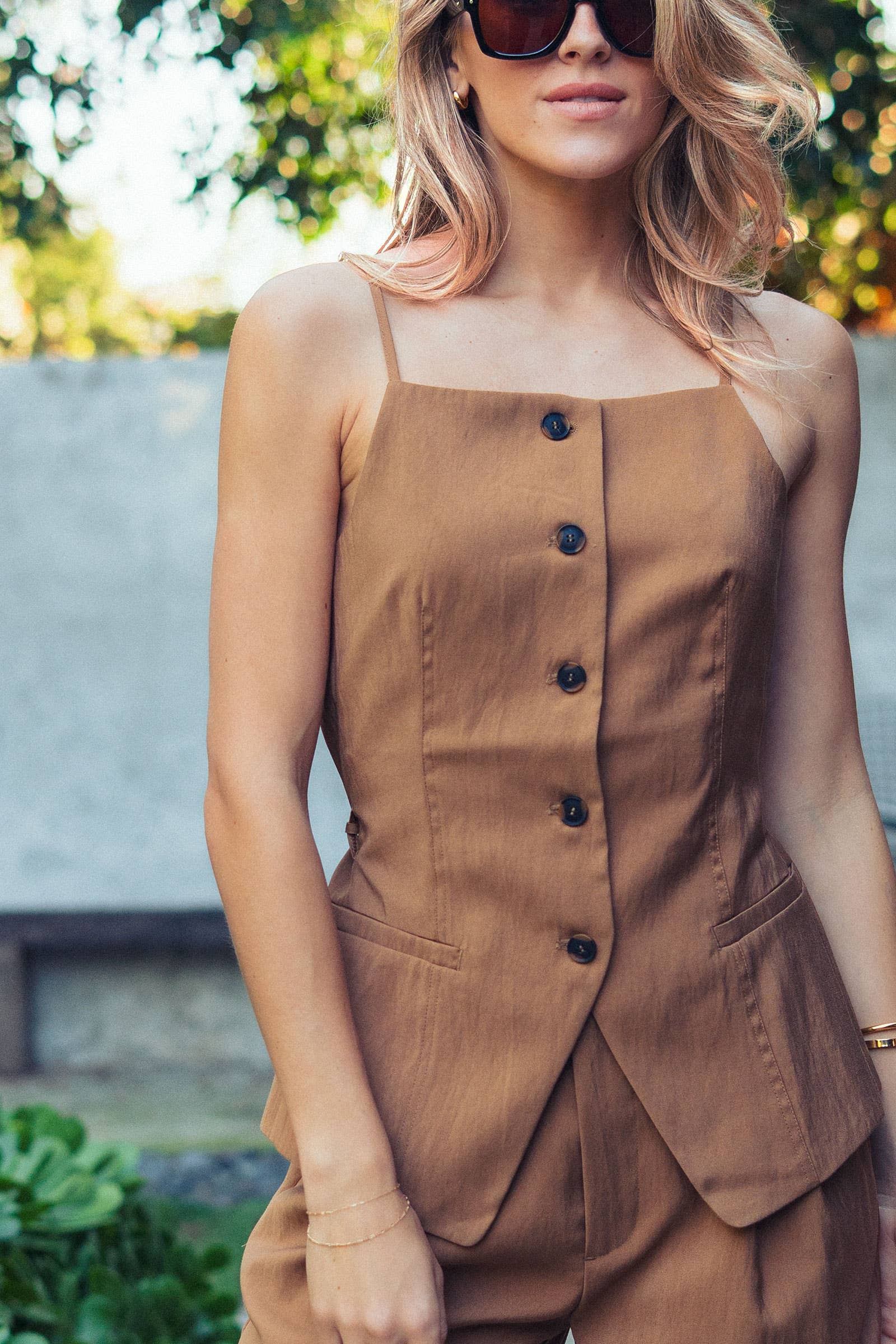 Button Front Tie Waist Vest Top