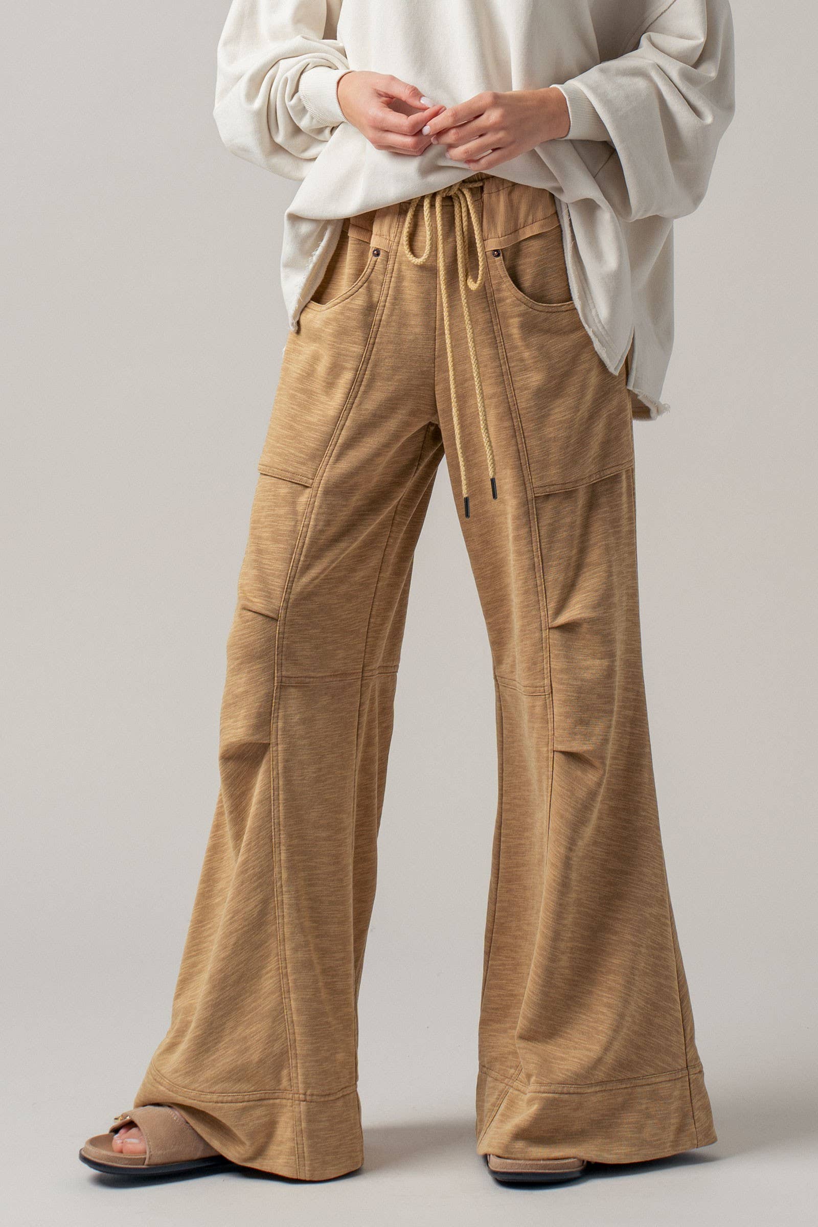 Drawstring Waist Seam Detail Wide-Leg Pants