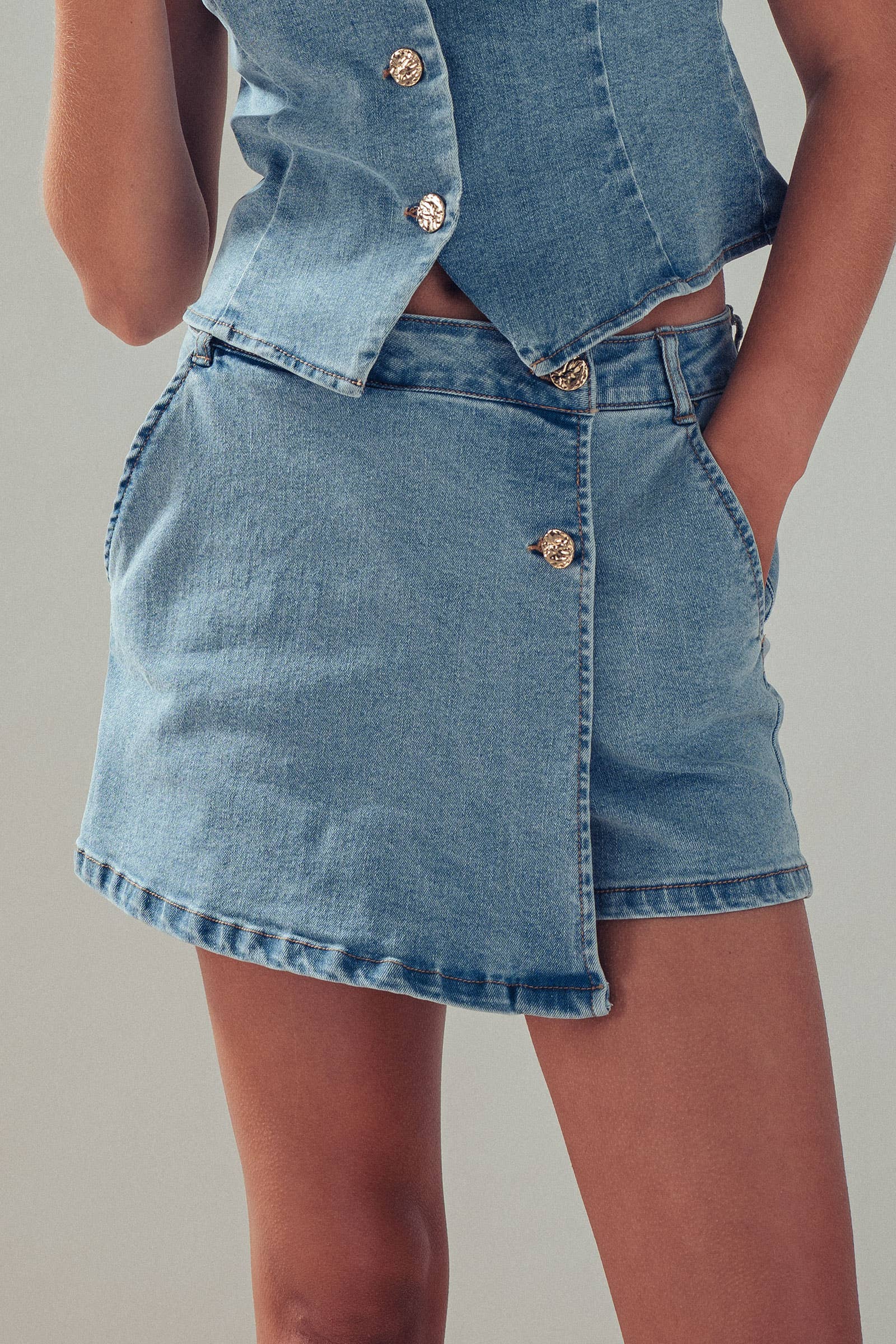 Gold Button Front Denim Skort