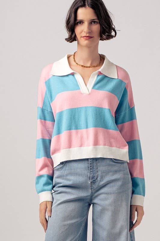 Preppy Striped Contrast Collar Cropped Rugby Long Sleeve Top