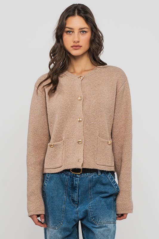 Urban Daizy Textured Button Front Cropped Knit Cardigan Beige Knit Top - Women's (UDZ-TP-00751) – alternate view 4