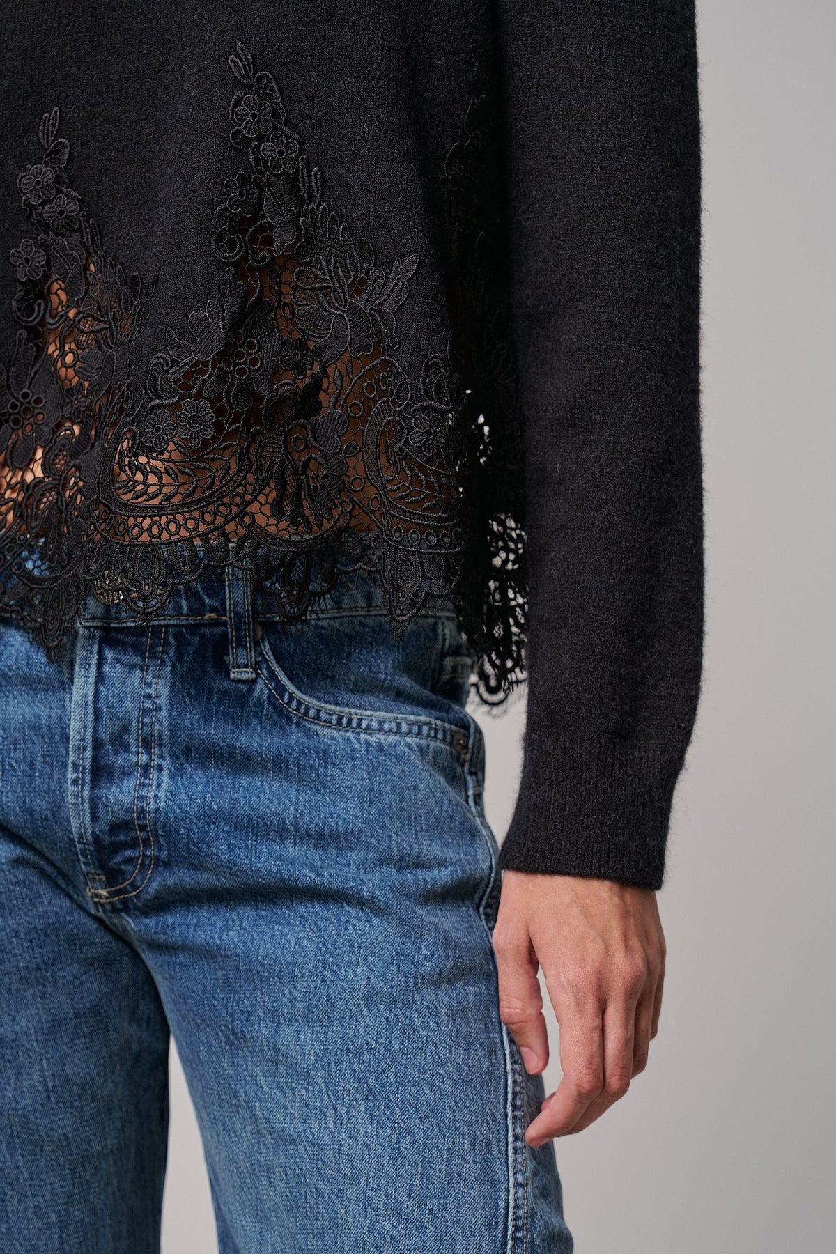Lace Trim Knit Sweater with Floral Hem Detail in BLACK - Women's Sweaters | Urban Daizy