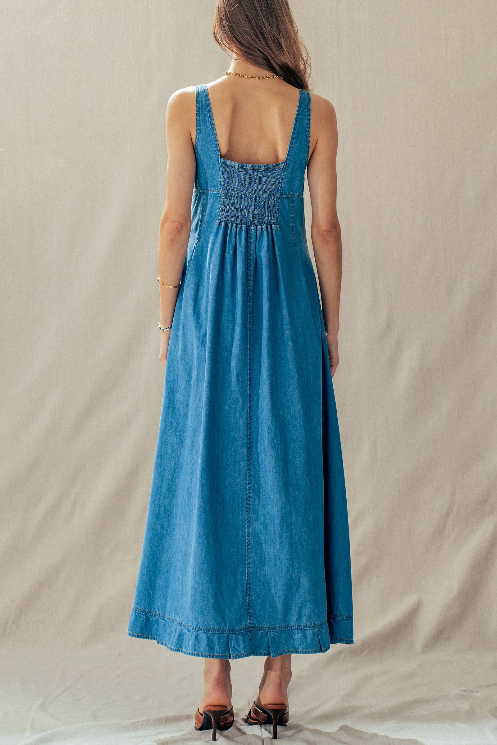 Smocked Back Denim Maxi Dress