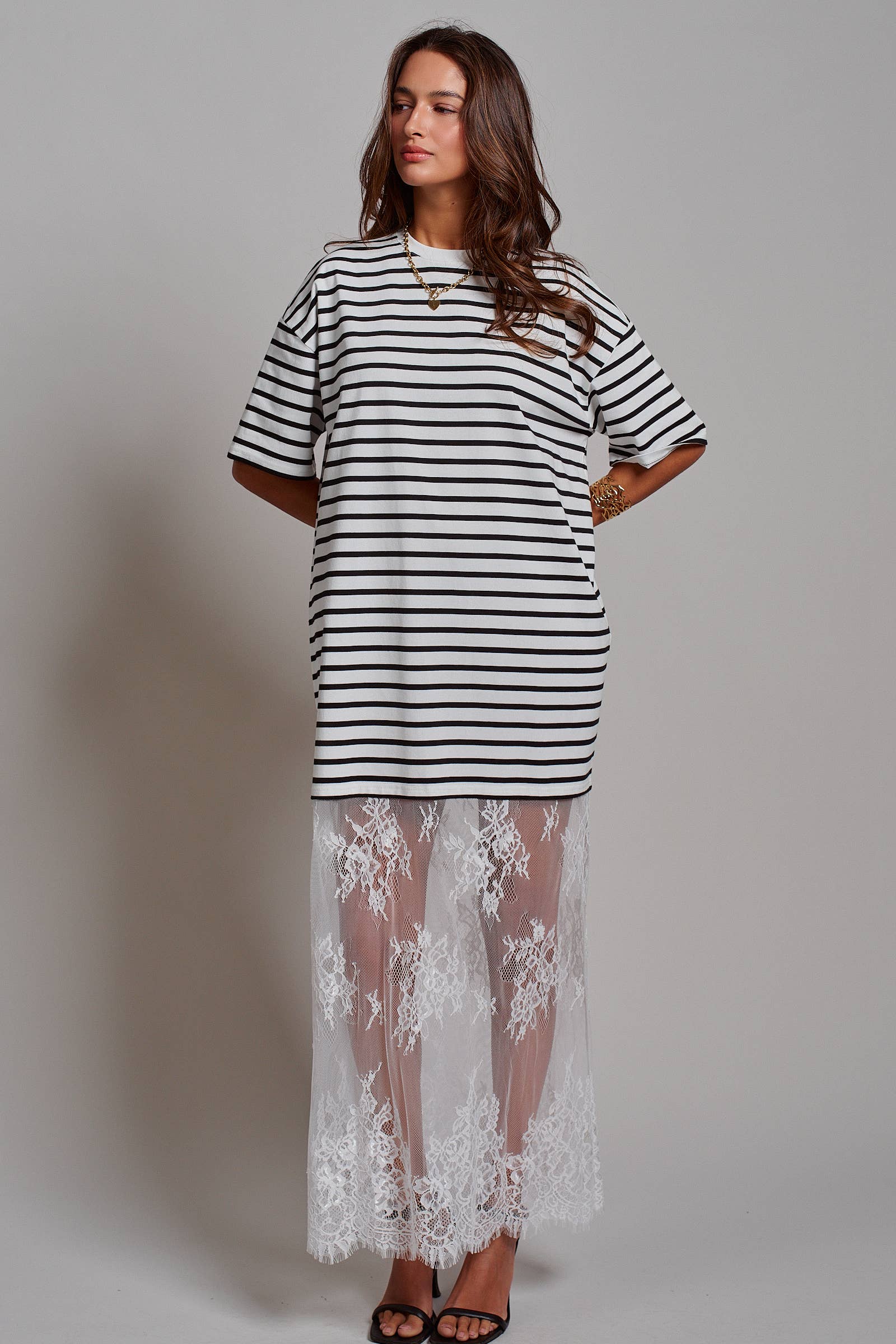 Mixed-Media T-Shirt Dress with Sheer Lace Skirt