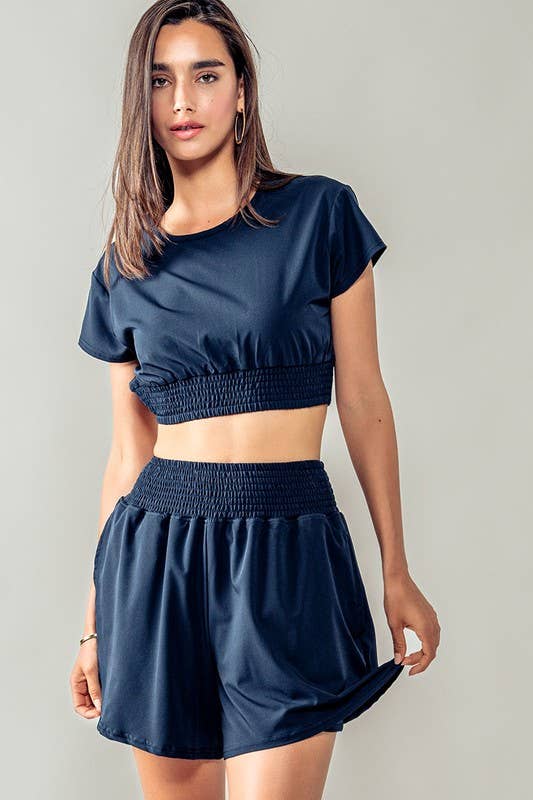 Urban Daizy Smocked High Waist Relaxed Fit Summer Shorts Navy Shorts - Women's (UDZ-PT-00266) – alternate view 4