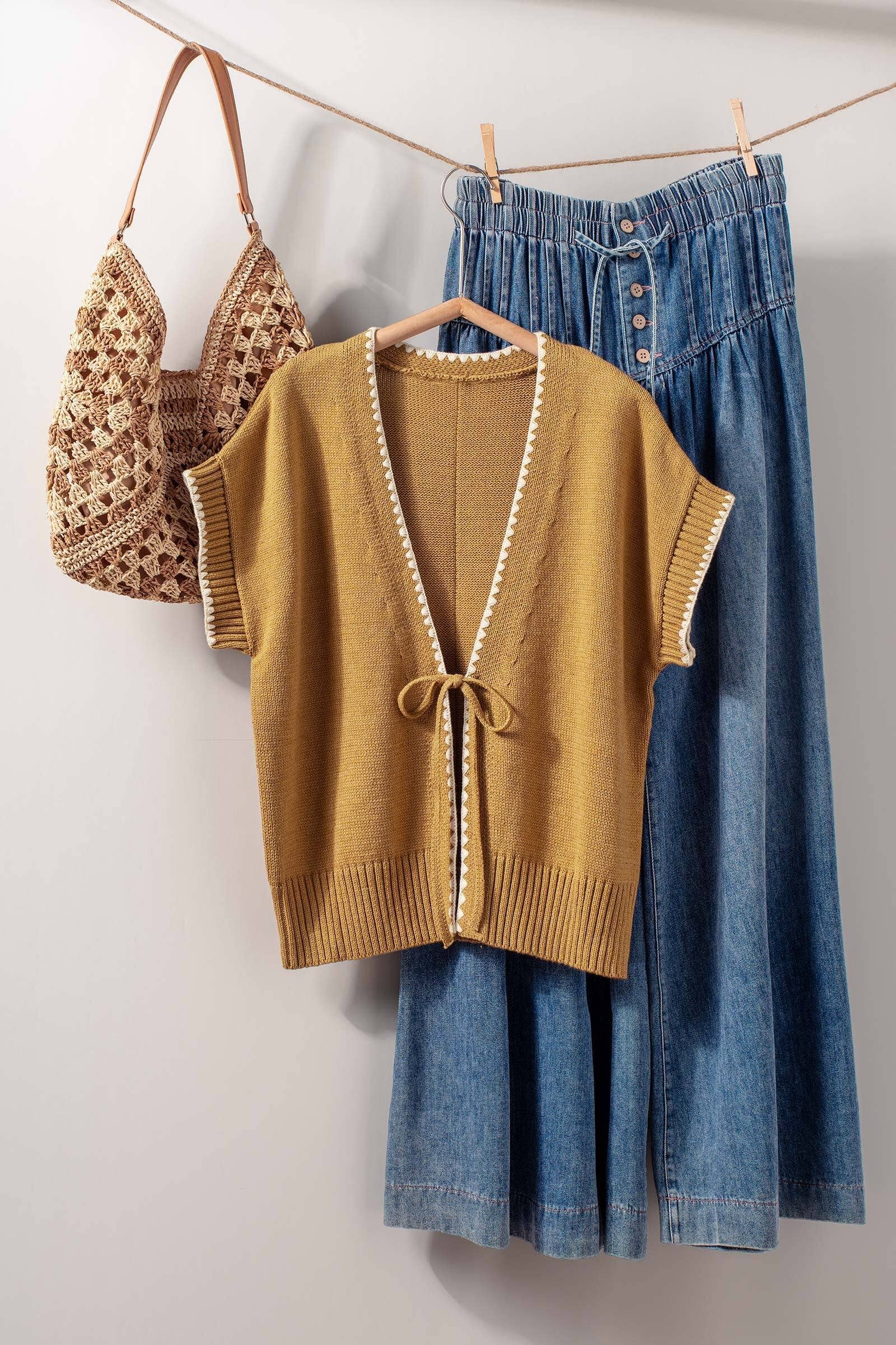 Crochet Trim Tie Front Knit Vest