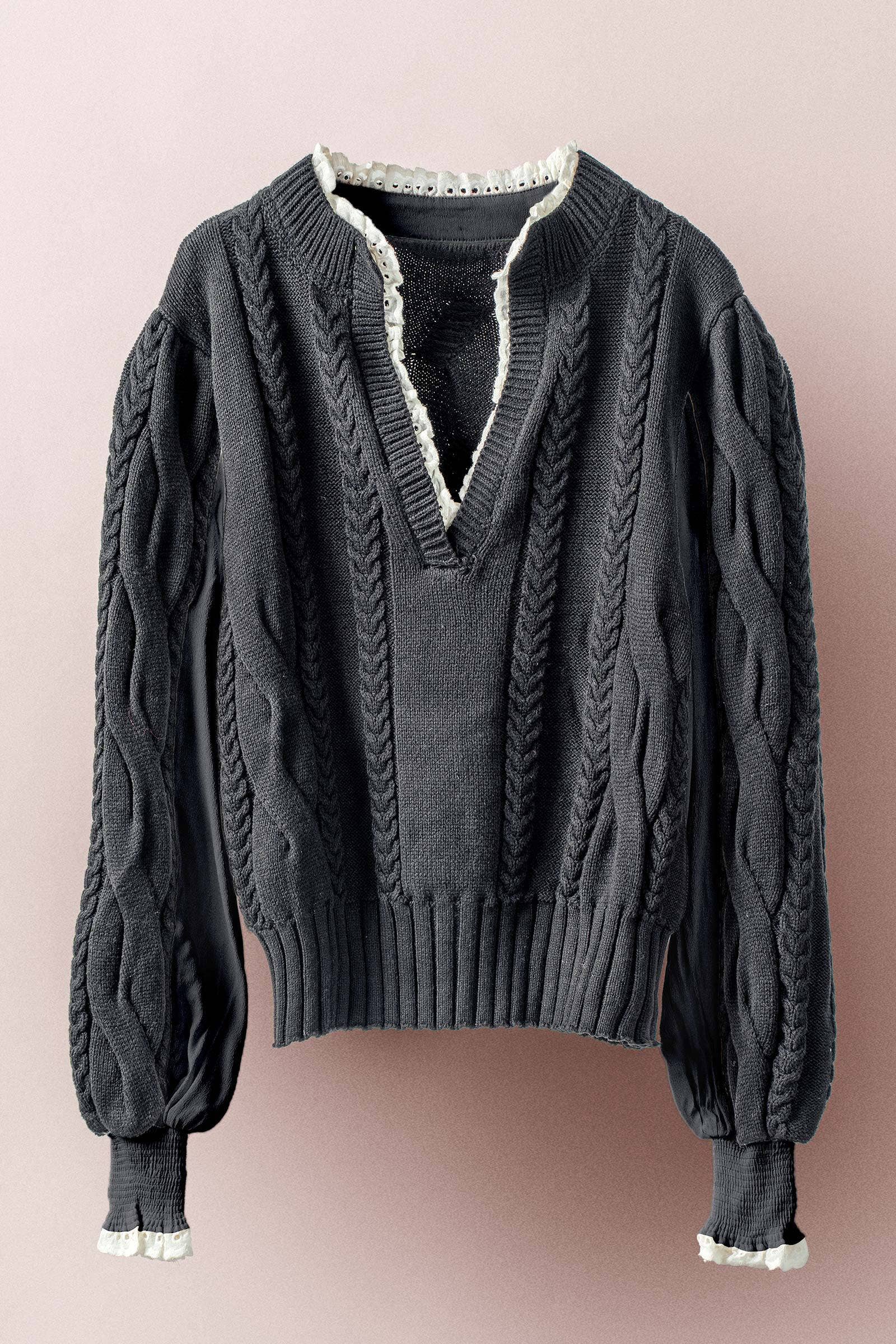 Lace Trim Cable Knit Pullover Sweater
