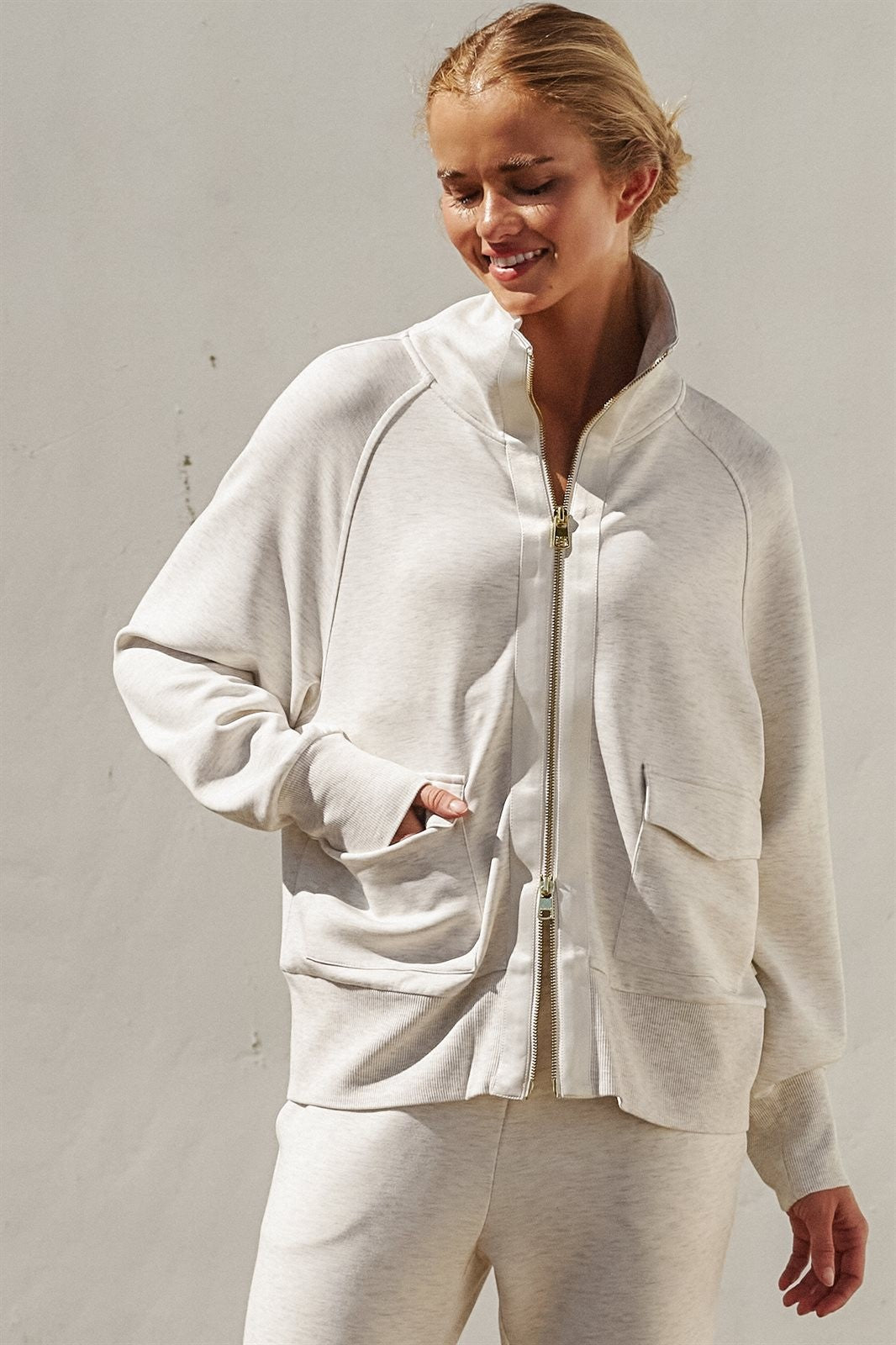 Scuba Zip Up Track Bomber Jacket Pilates Athflow for Women in WHITE MELANGE - Women's Jackets & Blazers | Urban Daizy