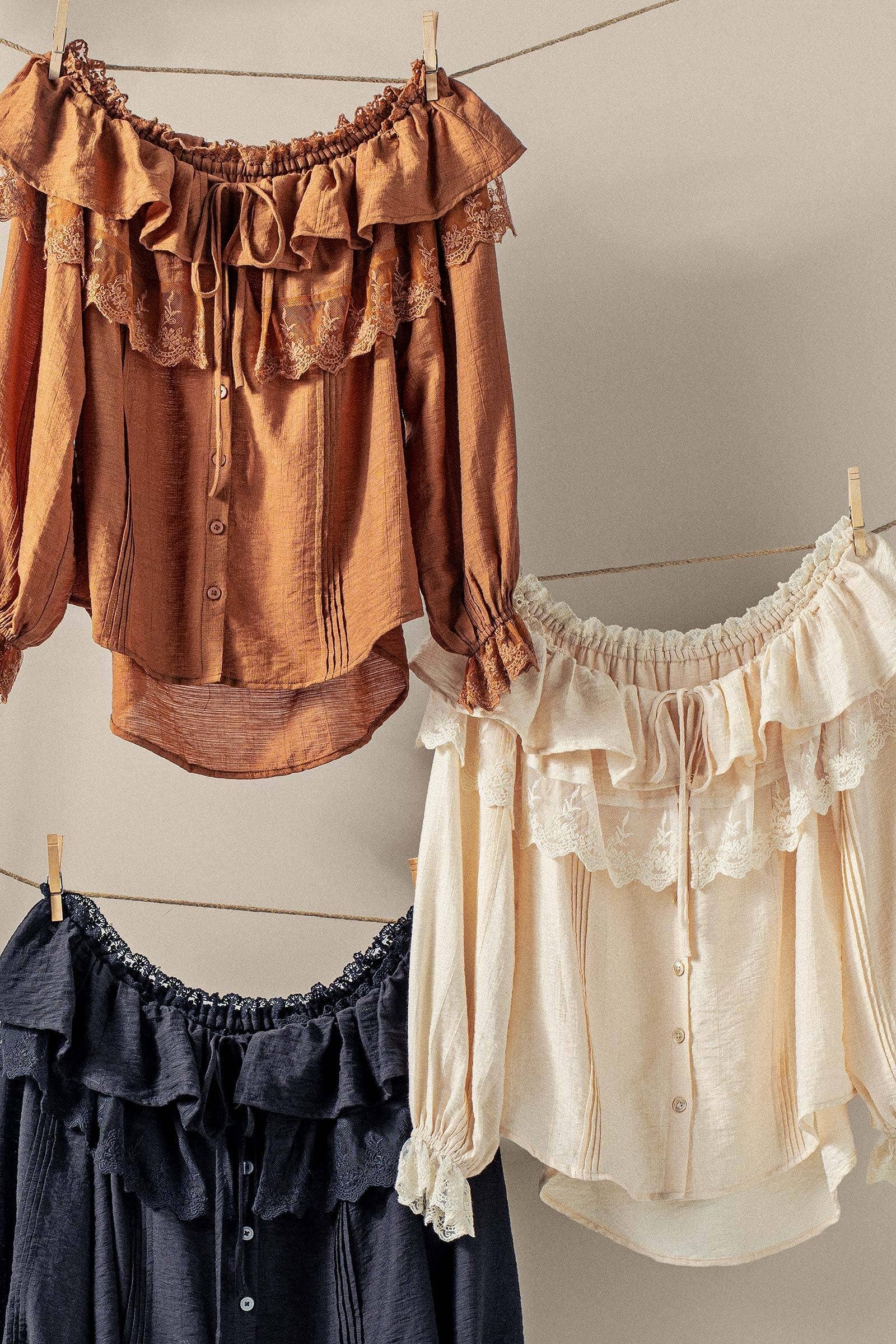 Lace Trim Ruffle Tie Neck Spring Blouse Top
