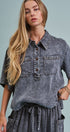 Washed Utility Half-Placket Cropped Shirt in BLACK - Women's Shirts & Blouses | Urban Daizy