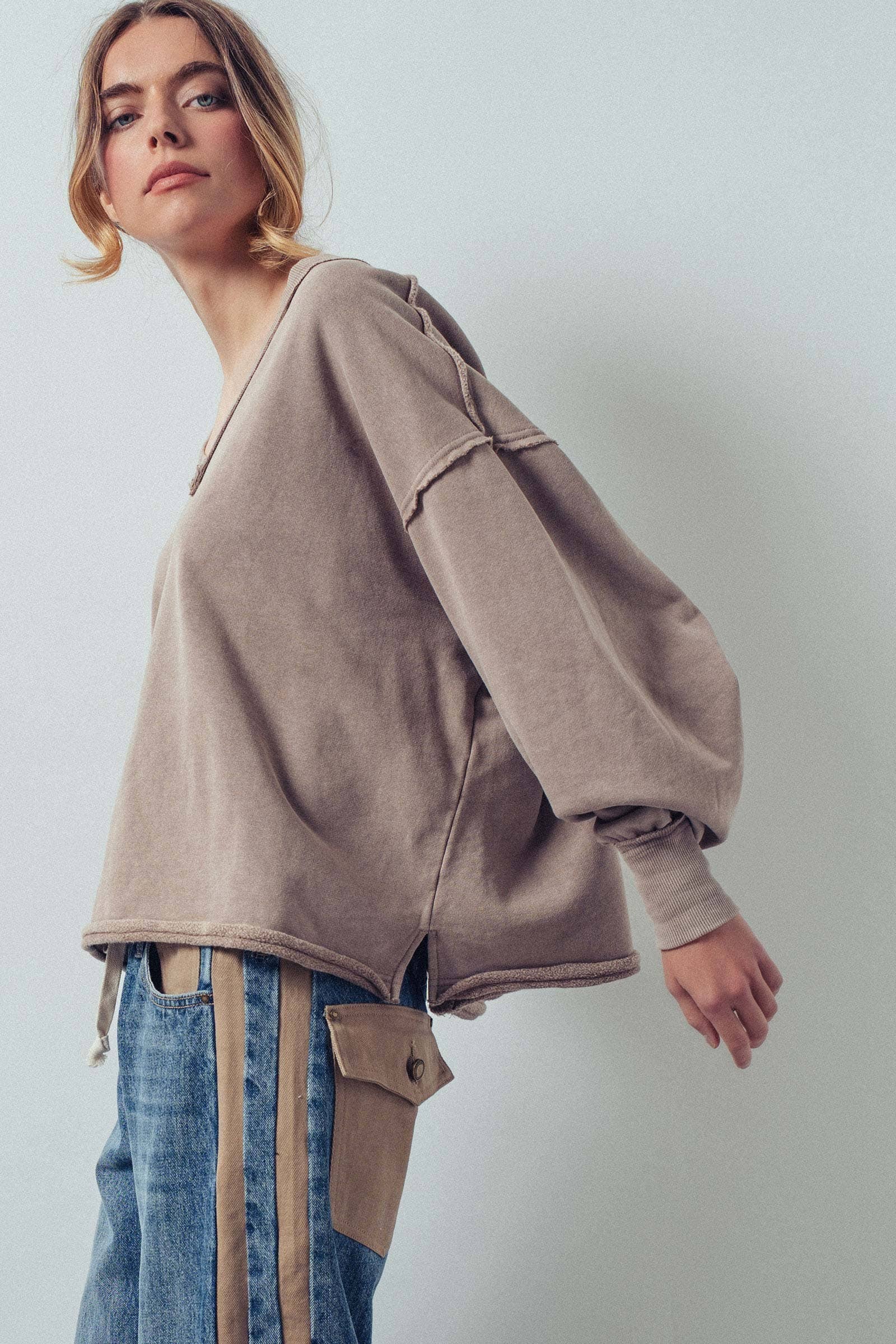 Raw Edge V-Neck Oversized Sweatshirt