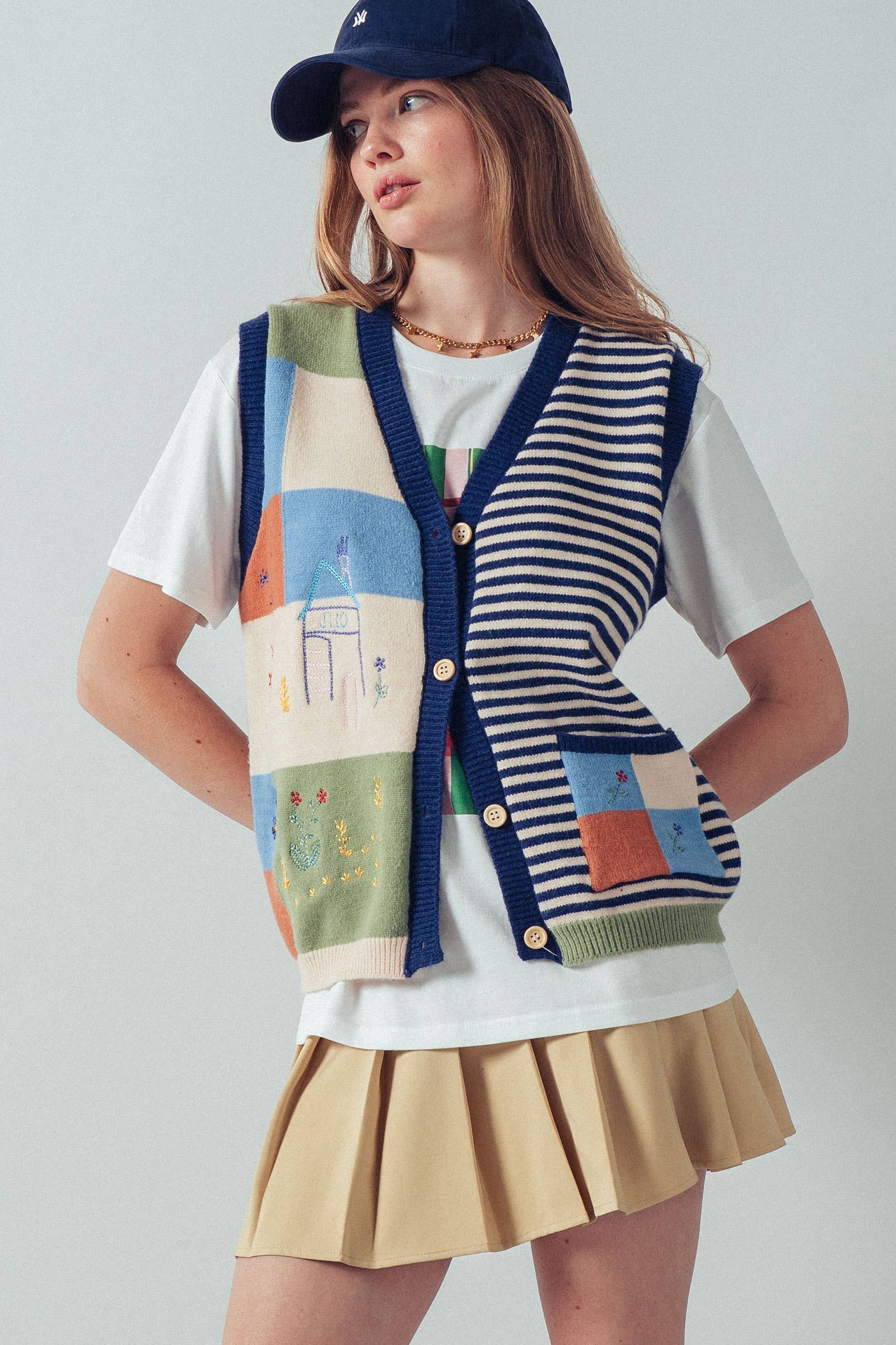 Embroidered Patchwork Striped Knit Vest