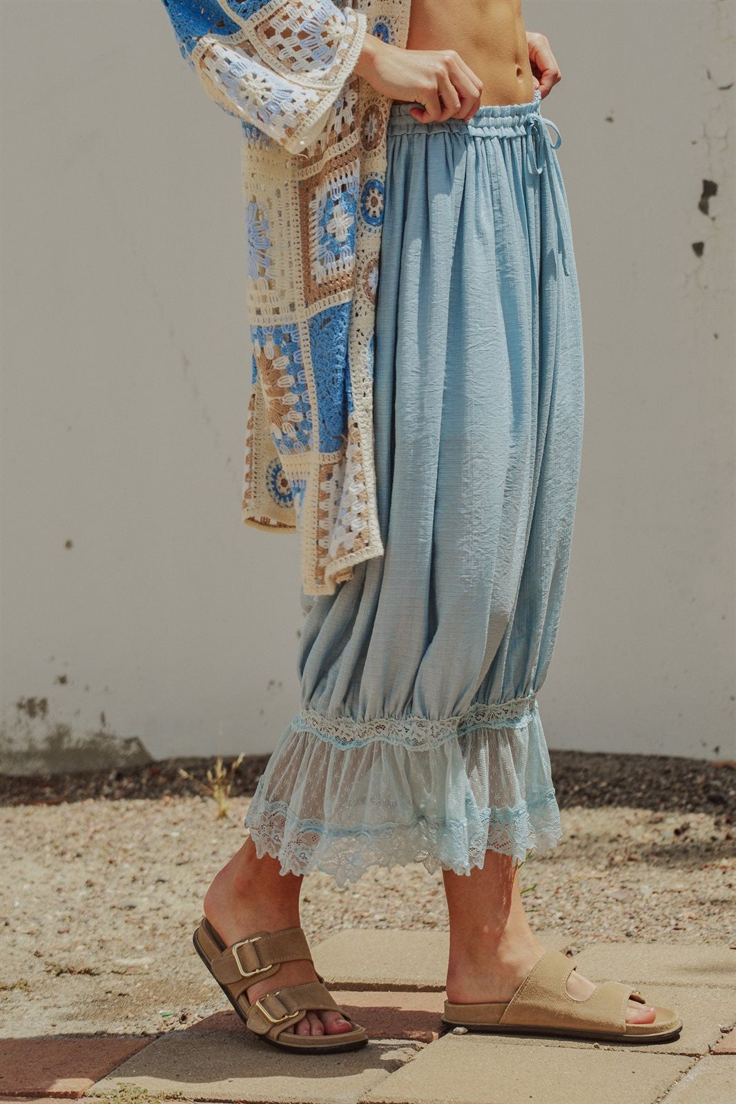 Boho Lace Trim Summer Linen Pants in BLUE - Women's Pants | Urban Daizy