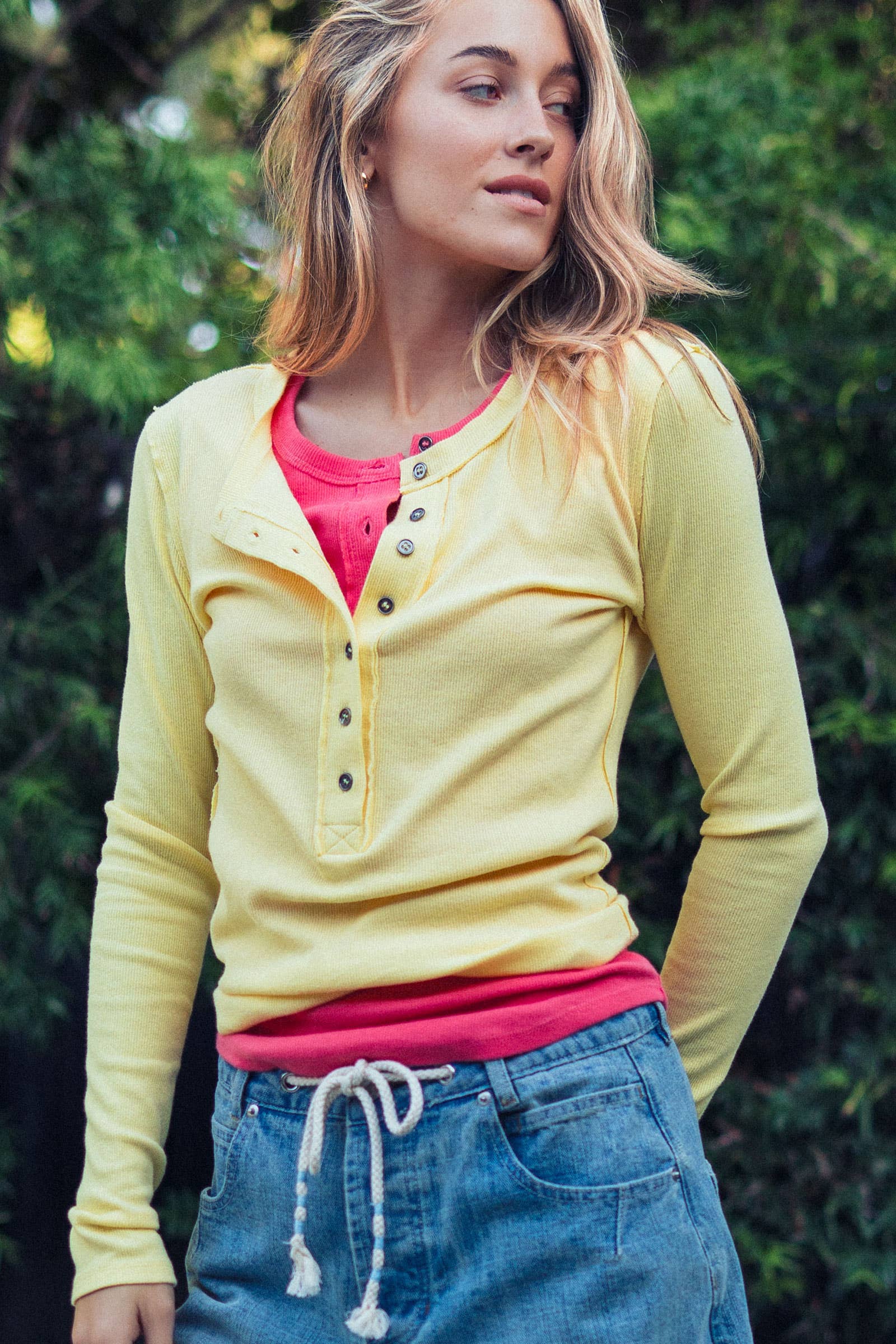 Ribbed Henley Long Sleeve Top
