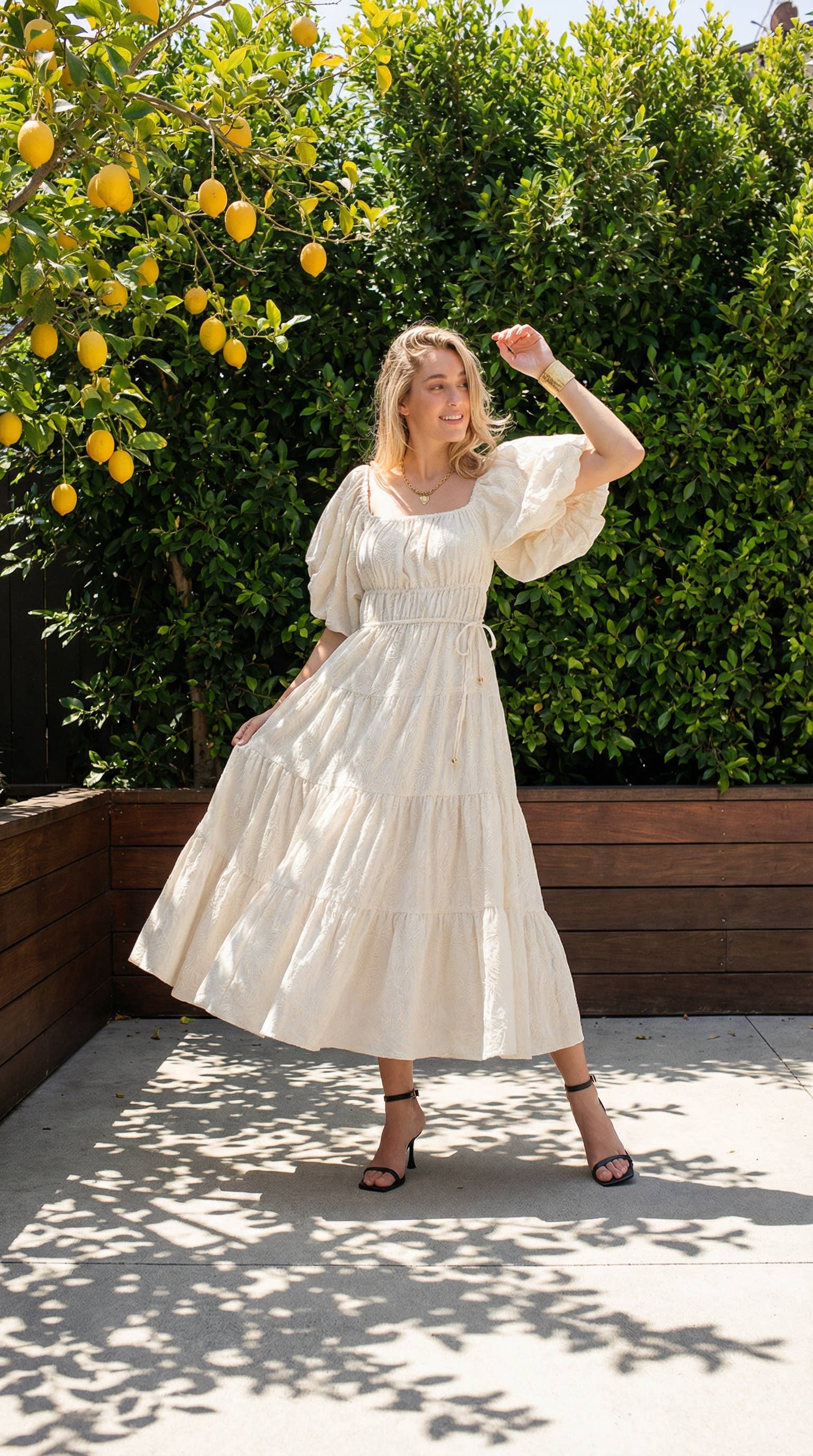 Urban Daizy Tonal Embroidered Puff Sleeve Tiered Midi Dress Ivory Dress - Women's (UDZ-DR-00520) – alternate view 2