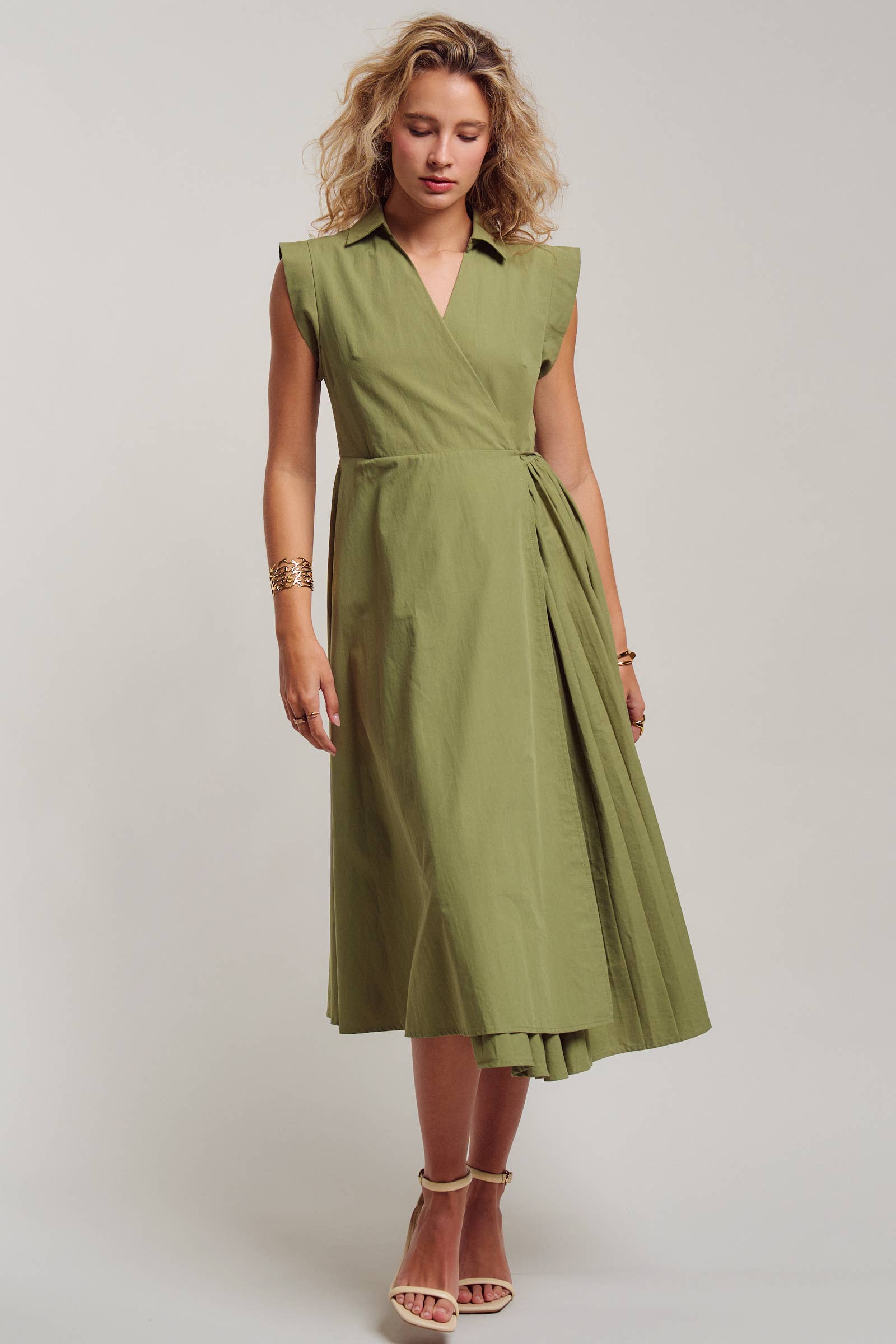 Collared Cap Sleeve Wrap Midi Dress