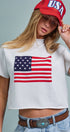 Urban Daizy American Flag Graphic Raw Edge Crop Tee White T-Shirt (Graphic) - Women's (UDZ-TP-01083-White)