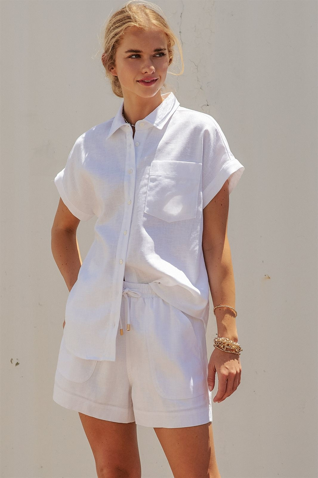 Coastal Ease Linen Short Sleeve Shirt in WHITE - Women's Tops | Urban Daizy