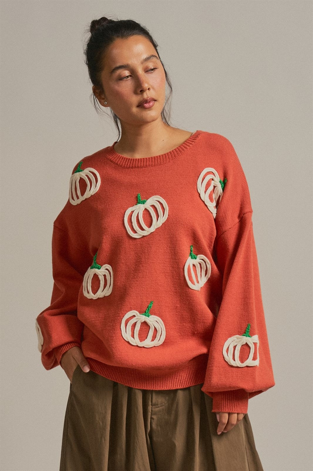 Pumpkin Embroidered Crew Neck Sweater in RUST - Women's Sweaters | Urban Daizy