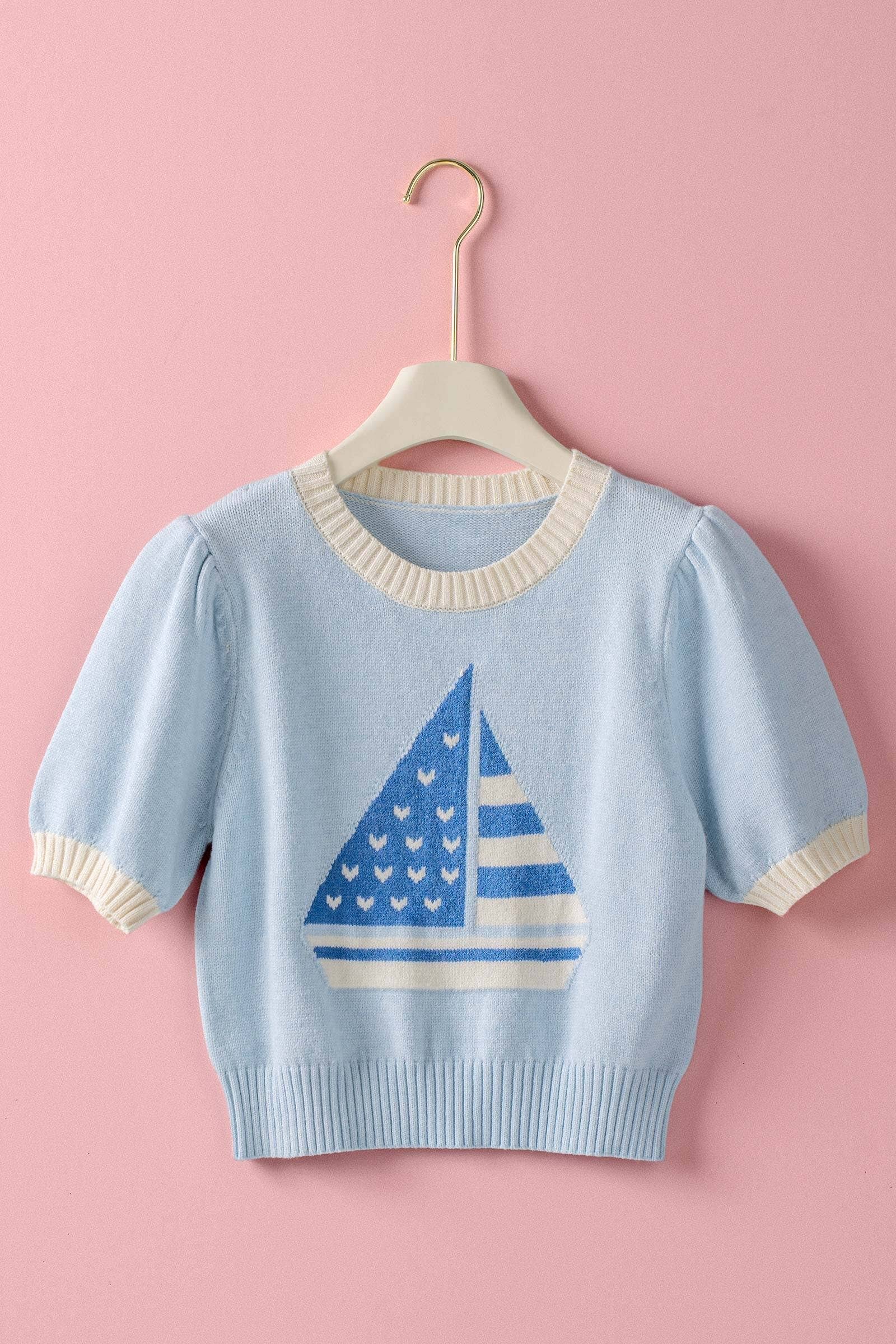 Urban Daizy Sailboat Intarsia Puff Sleeve Knit Top Blue Knit Top - Women's (TNSW1130)
