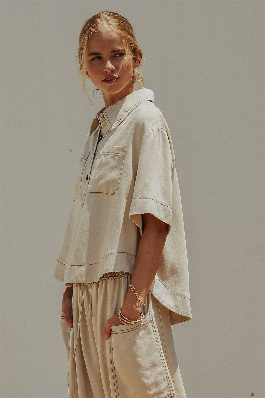 Washed Utility Half-Placket Cropped Shirt in TAUPE	 - Women's Shirts & Blouses | Urban Daizy