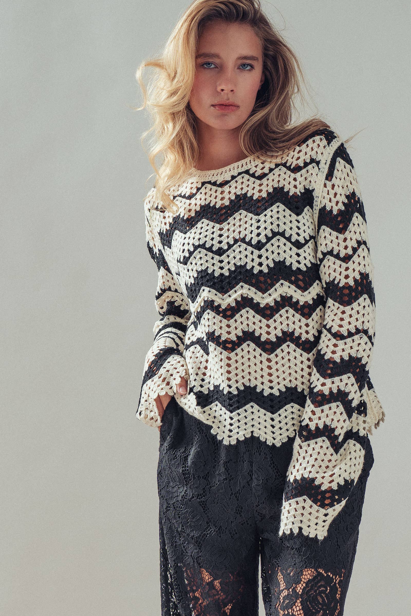 Chevron Pattern Open-Knit Crochet Sweater