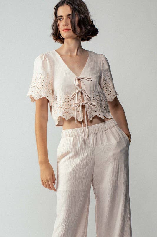 Urban Daizy Embroidered Eyelet Flutter Sleeve Top and Wide Leg Pants Natural Top & Pant Set (NOT Loungewear) - Women's (UDZ-PT-00354) – alternate view 10