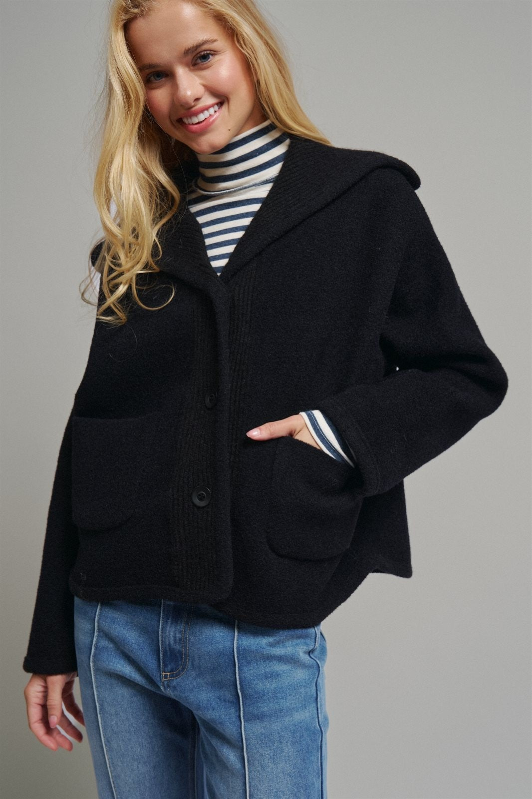 Hooded Button-Front Wool Blend Short Jacket in BLACK - Women's Jackets & Blazers | Urban Daizy