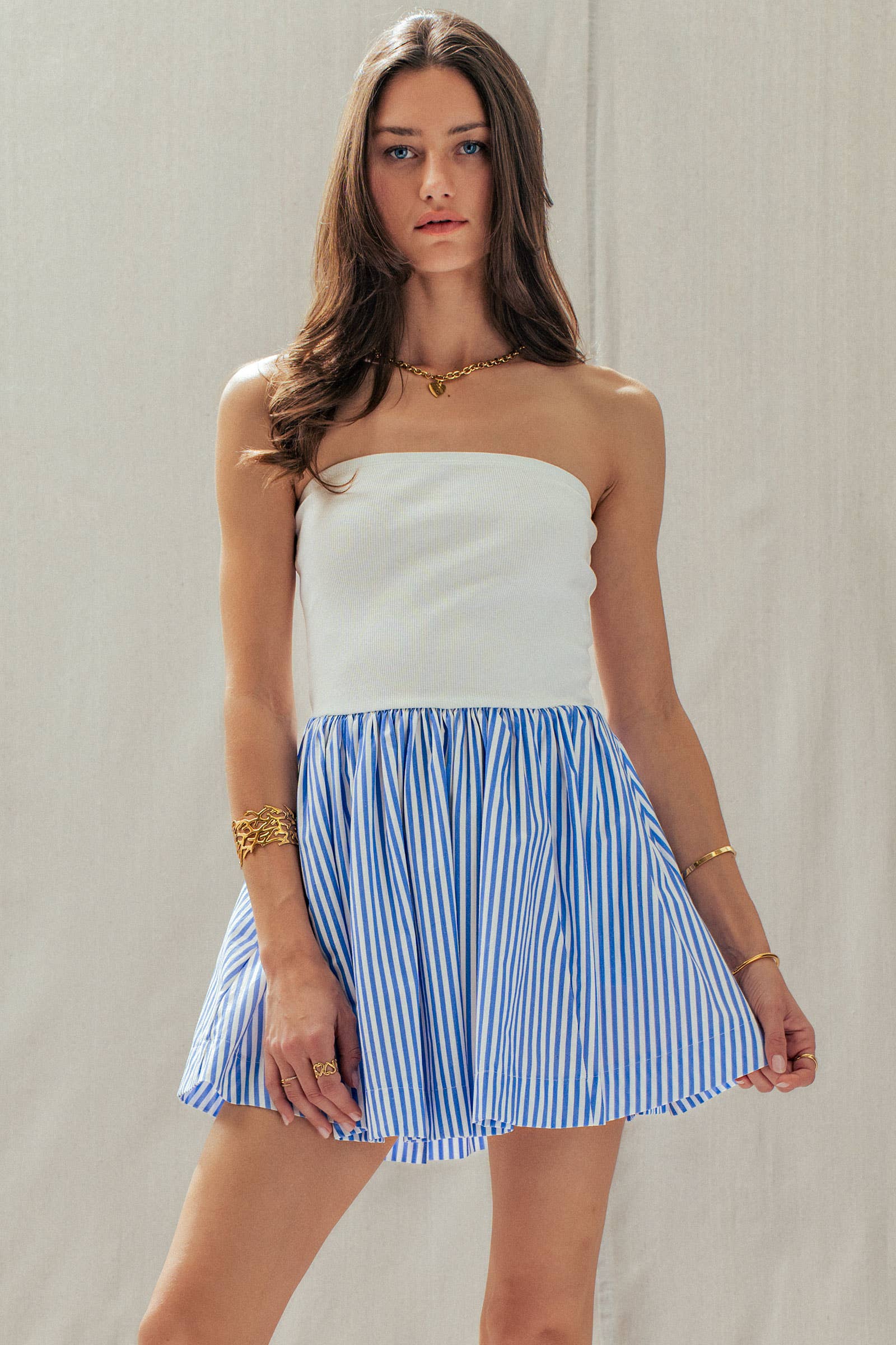 Urban Daizy Mixed Media Strapless Knit & Poplin Mini Dress Ivory-Blue Dress - Women's (UDDR0336-Ivory-Blue) – alternate view 11