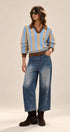 Sugar Rush Stripe Polo Sweater in BLUE TAUPE - Women's Sweaters | Urban Daizy
