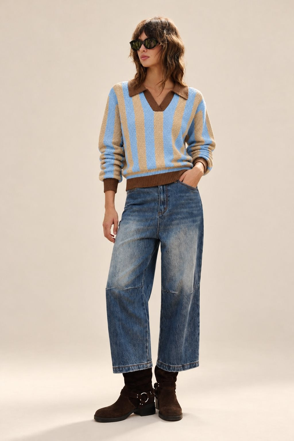 Sugar Rush Stripe Polo Sweater in BLUE TAUPE - Women's Sweaters | Urban Daizy