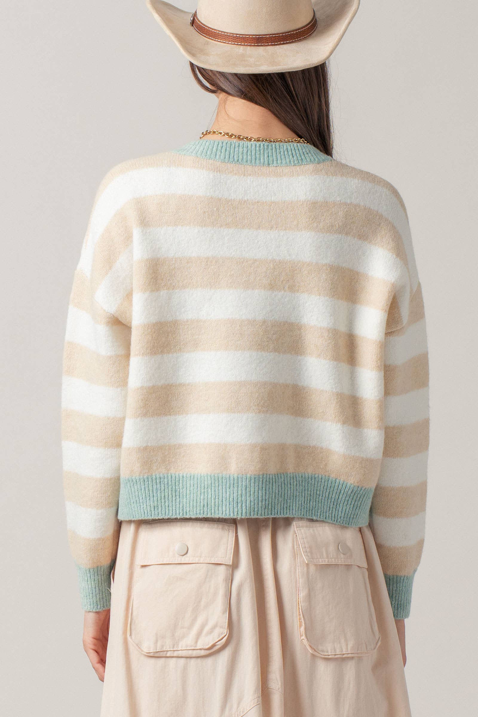 Horse Jacquard Striped Crew Neck Cardigan
