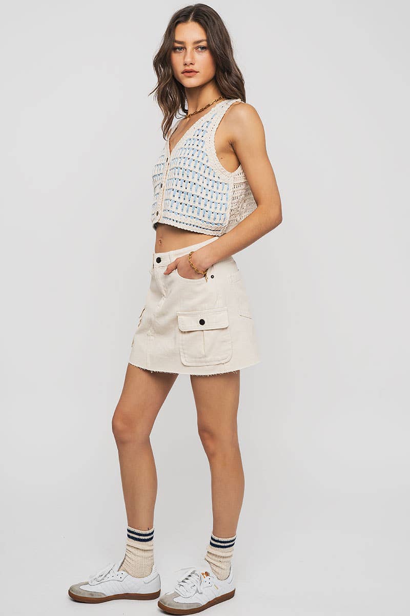 High Rise Raw Hem Utility Pocket Mini Cargo Skirt