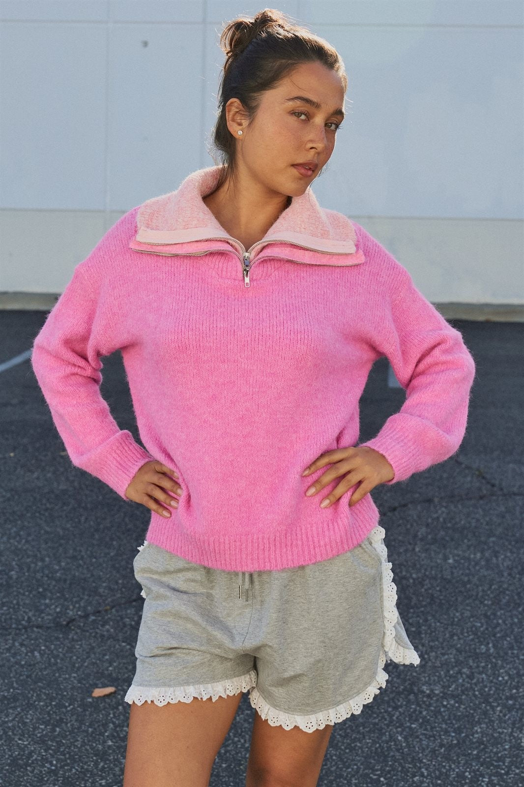 Wool Blend Half Zip Sweater with Double Collar in PINK - Women's Sweaters | Urban Daizy