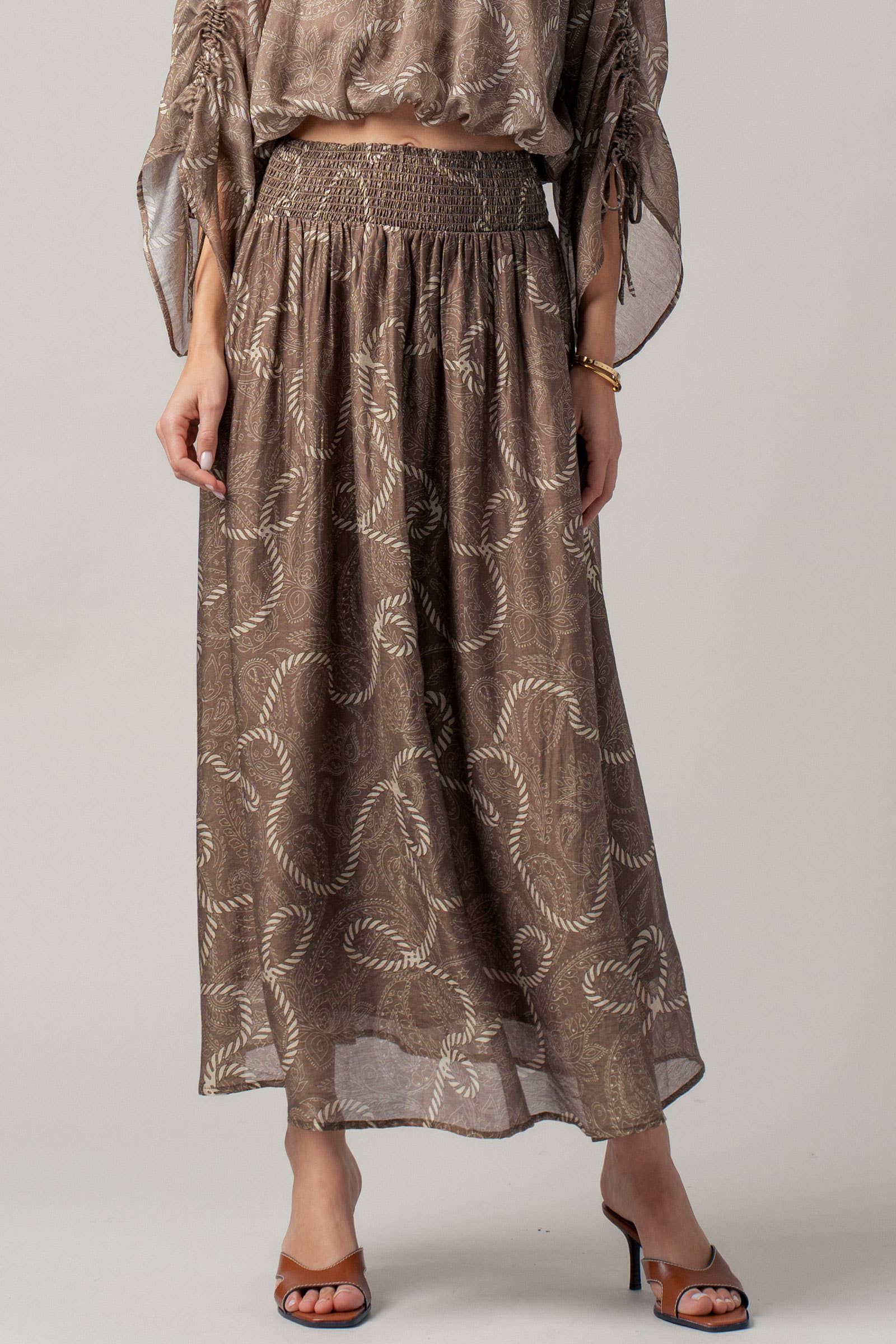 Rope Print Smocked Waist Maxi Skirt Linen Silk