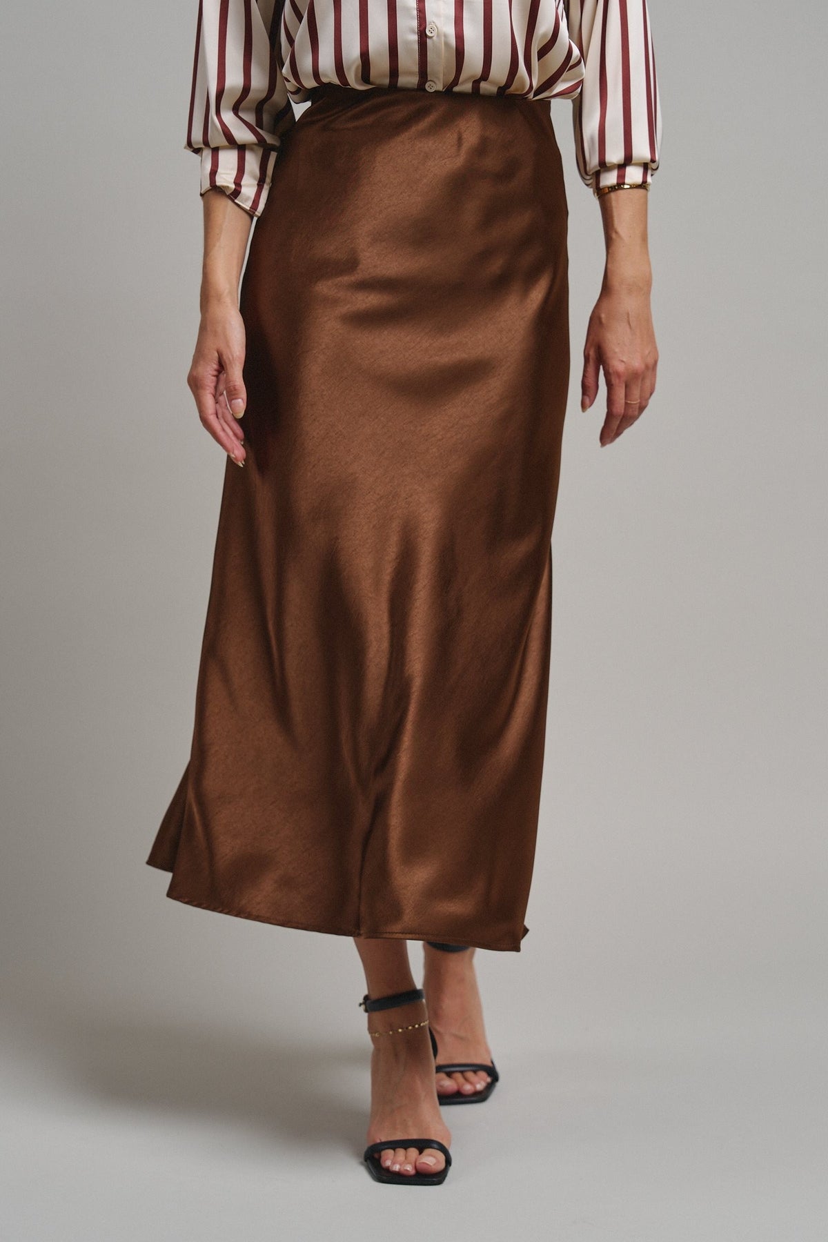Bias Cut Satin Maxi Skirt with Fluid Drape in BROWN - Women's Midi Skirts | Urban Daizy