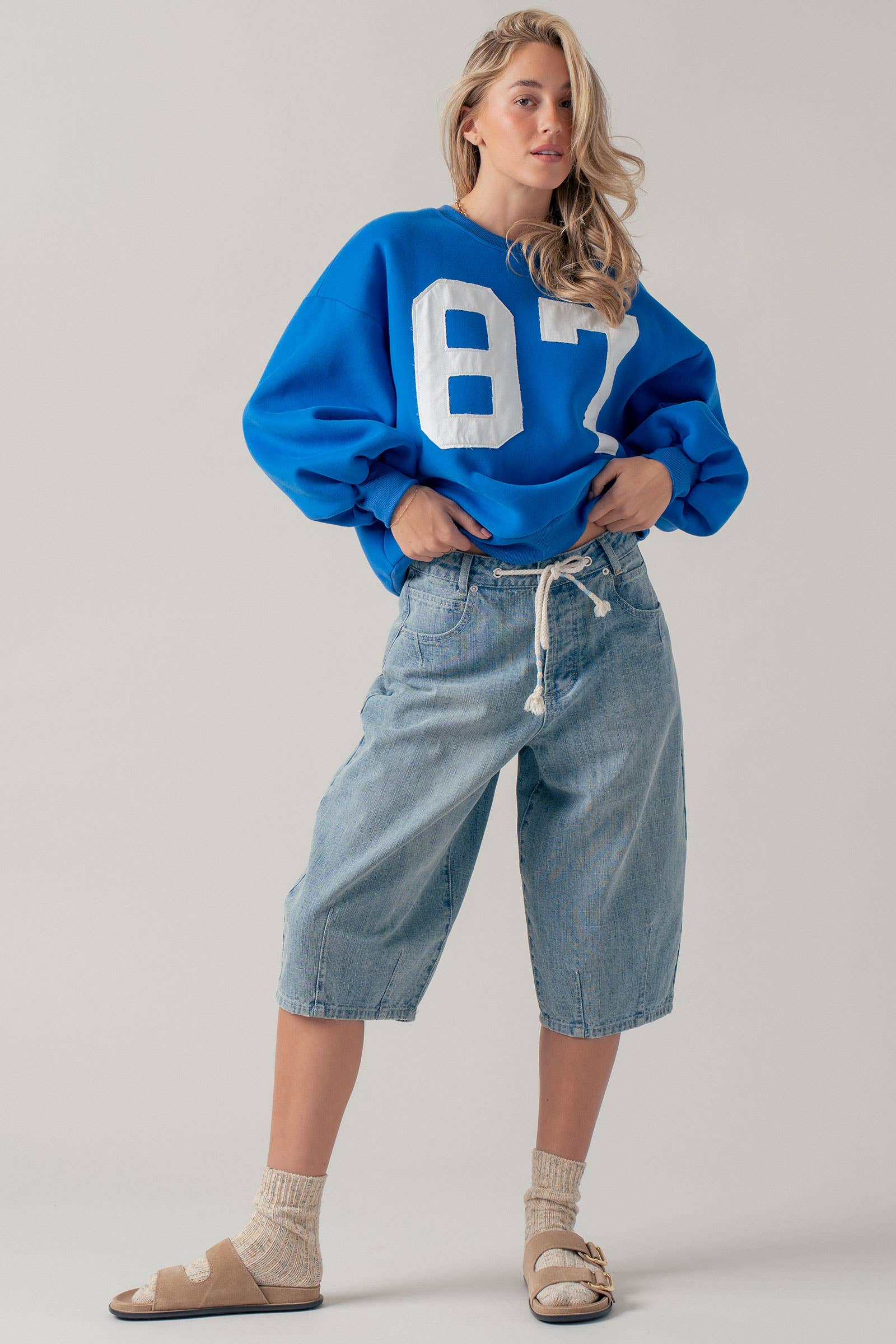Drawstring Waist Barrel Leg Denim Shorts