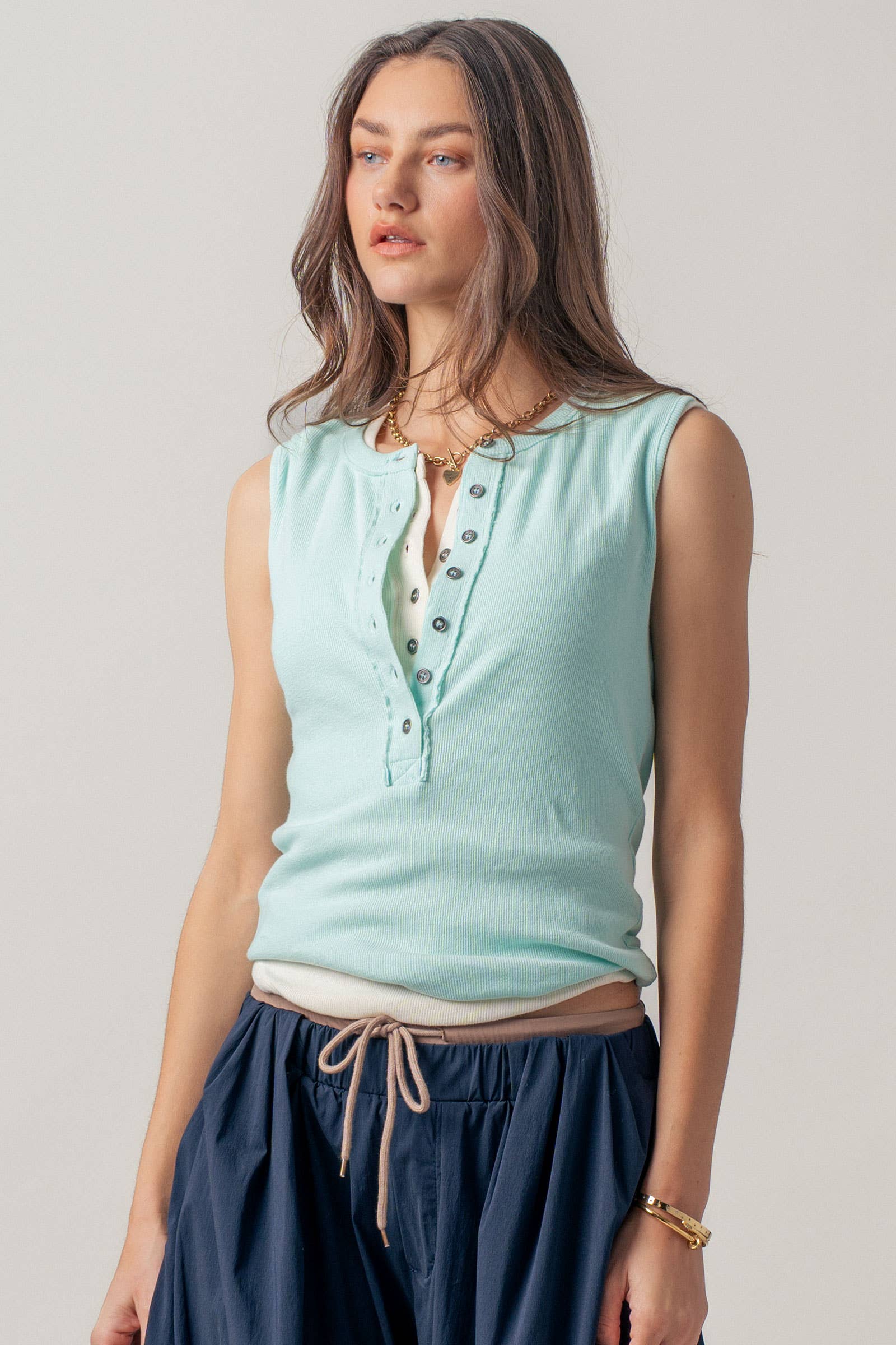Raw Edge Ribbed Henley Tank