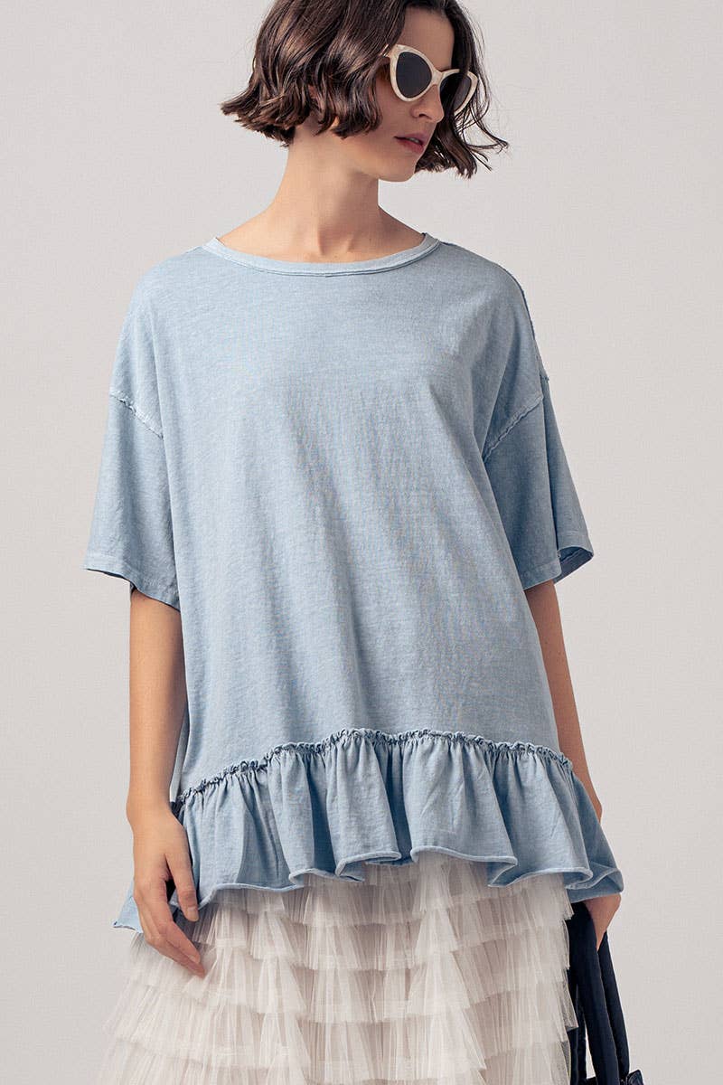 Casual Drop Shoulder Ruffle Hem Exposed Stitch Crew Neck Top
