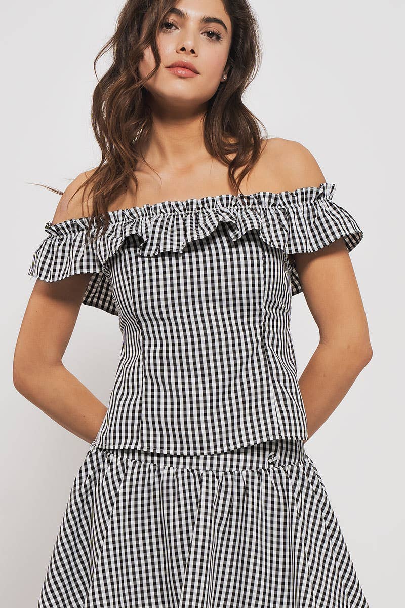 Urban Daizy Gingham Ruffle Off-Shoulder Crop Top Pink Blouse - Women's (UDZ-TP-01034) – alternate view 4