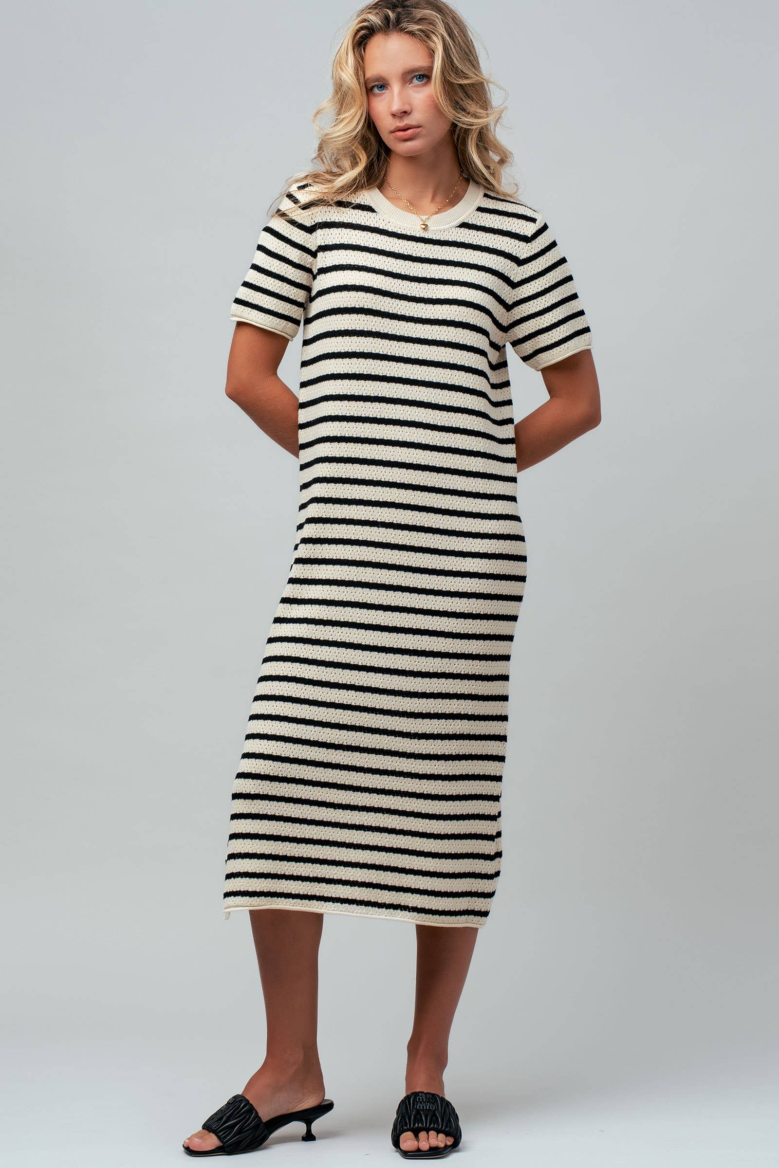 Striped Crochet Knit Short Sleeve Midi Dress