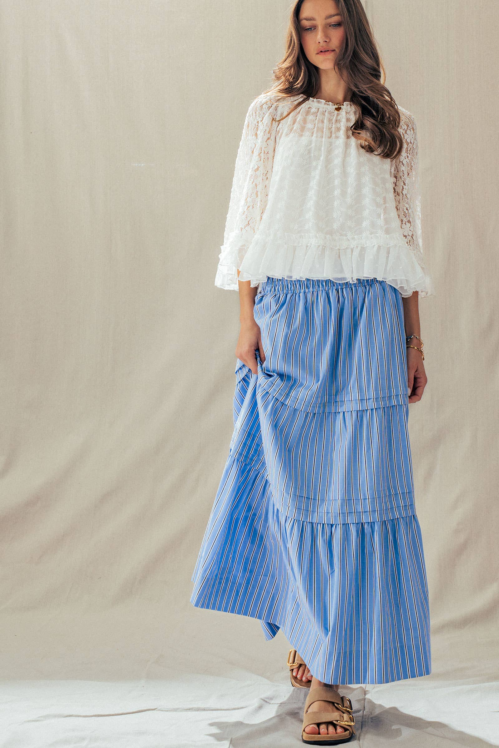 Striped Cotton Tiered Smocked Maxi Skirt