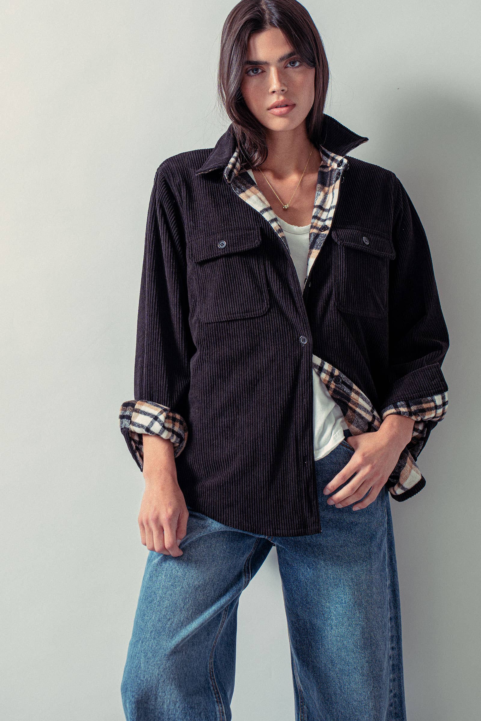 Urban Daizy Plaid Flannel-Lined Corduroy Shacket Taupe Shirt Jacket/Shacket - Women's (UDZ-KN-00150) – alternate view 15