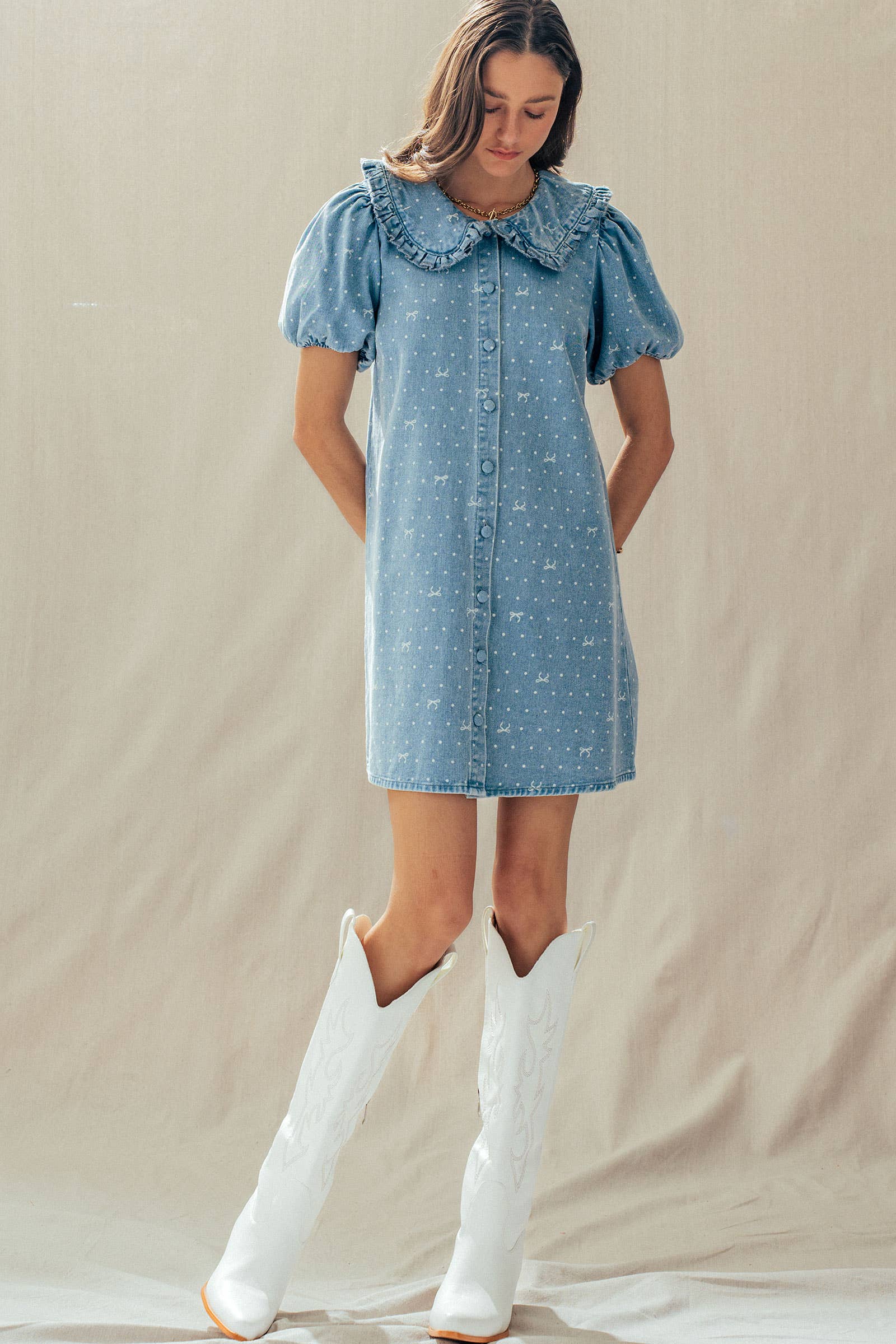 Bow Print Denim Mini Dress Ruffle Collar